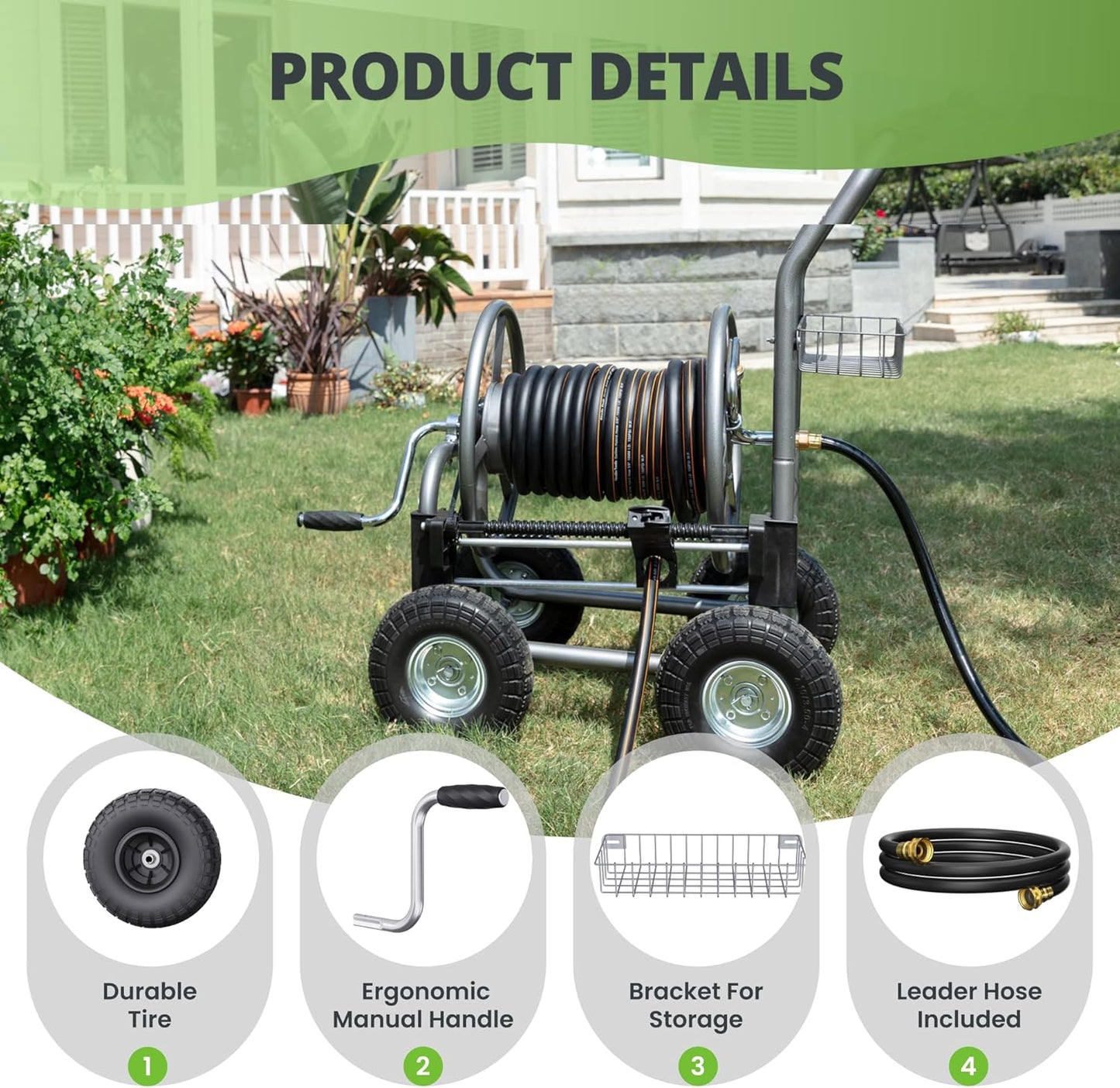 Giraffe Tools Garden Hose Reel Cart, Cart with Wheels Heavy Duty, Industrial Hose Reels for Outside, 250-Feet of 5/8" Hose Capacity, Hose Guide Pre-Installed