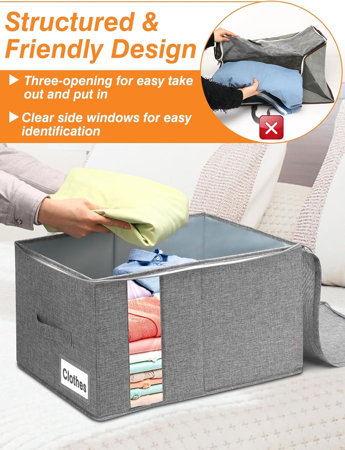 60L Blanket Storage, Comforter Storage Bag With Rigid Side & Bottom Support, Stackable Clothes Storage Bin For King Size Comforters Sweater Bedding Quilt Pillow Closet Organizer,21.7x14.2x11.8in,2Pcs