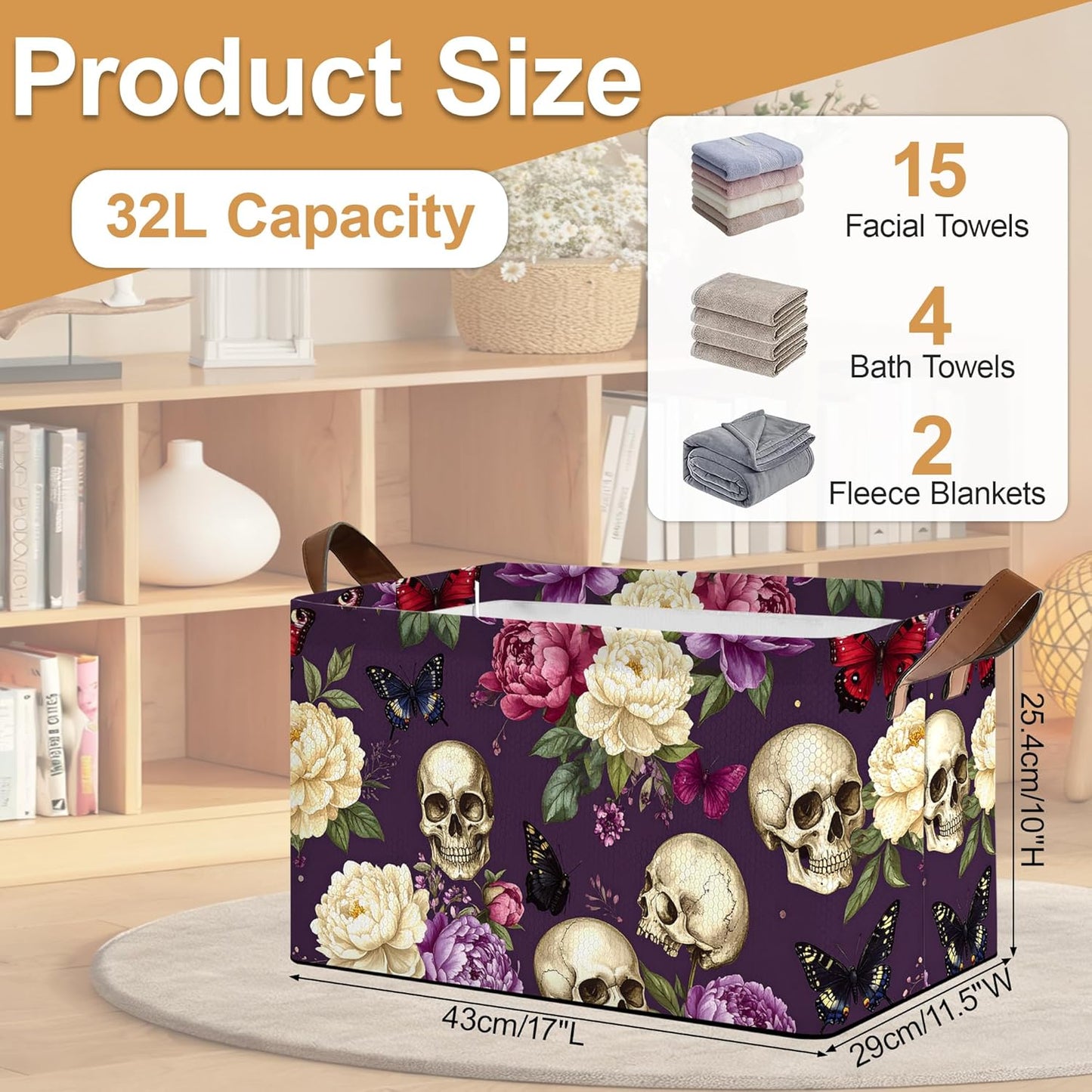 Purple Flower Skeleton Storage Bins with Handles, Collapsible Storage for Clothes, Gift Basket, Blankets & Closet Organization