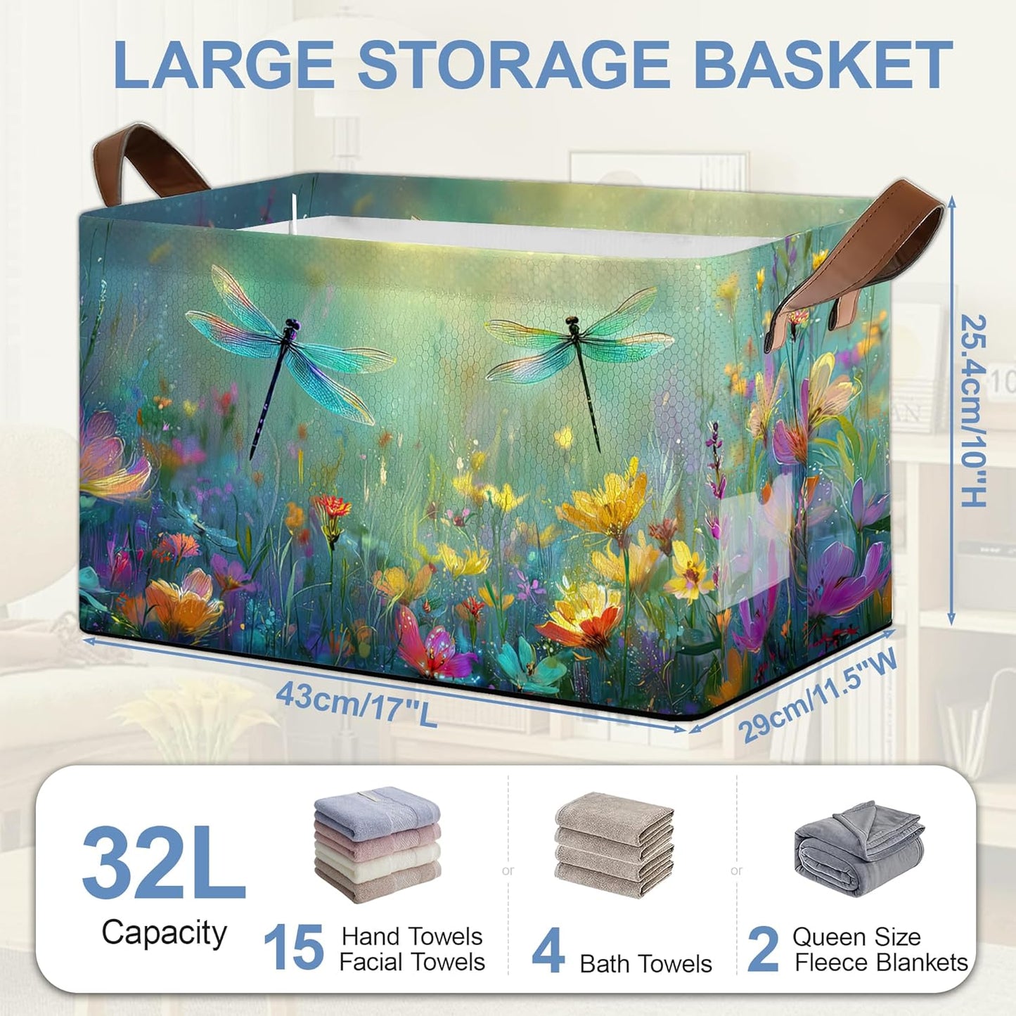 Dragonfly Storage Basket,Flower Collapsible Storage Bin Cubes for Living Room Bedroom Blankets Home Storage 17x11.5x10Inch