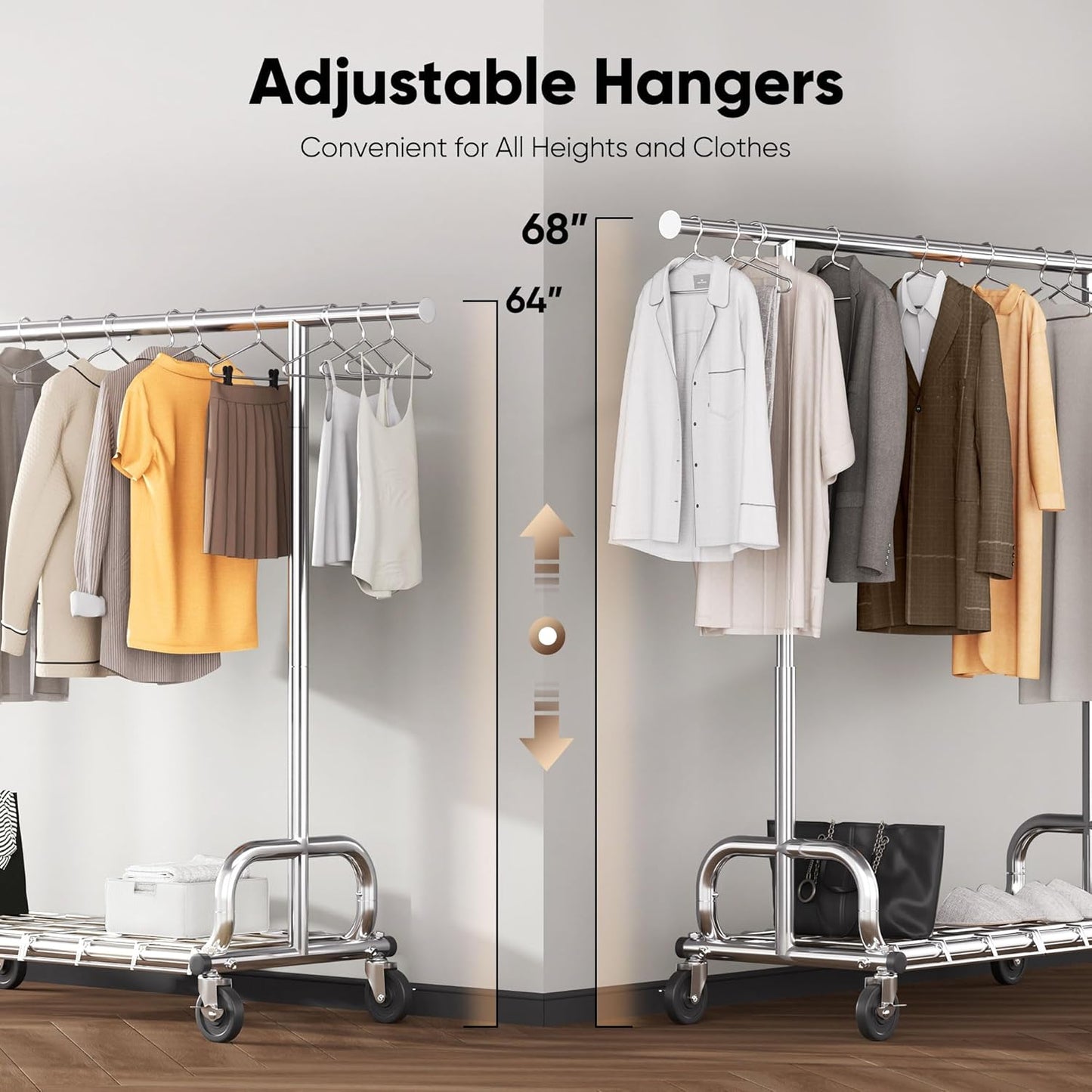 HOKEEPER Clothing Racks Heavy Duty Clothes Rack Adjustable Garment Rack for Hanging Clothes, Portable Coat Rack with Lockable Wheels, for Bedroom, Laundry, Balcony, Living Room 68.89''H*70.86''W*20"D
