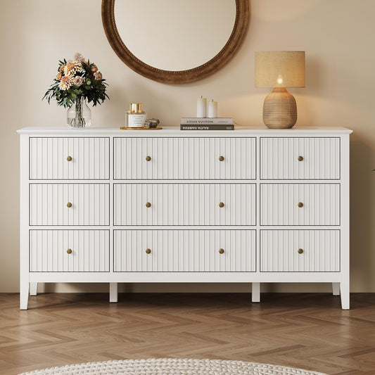 RoyalCraft White Dresser for Bedroom with 9 Drawers, Fluted Painted Wood Chest of Drawers, Modern TV Stand Storage Cabinet for Living Room, Hallway