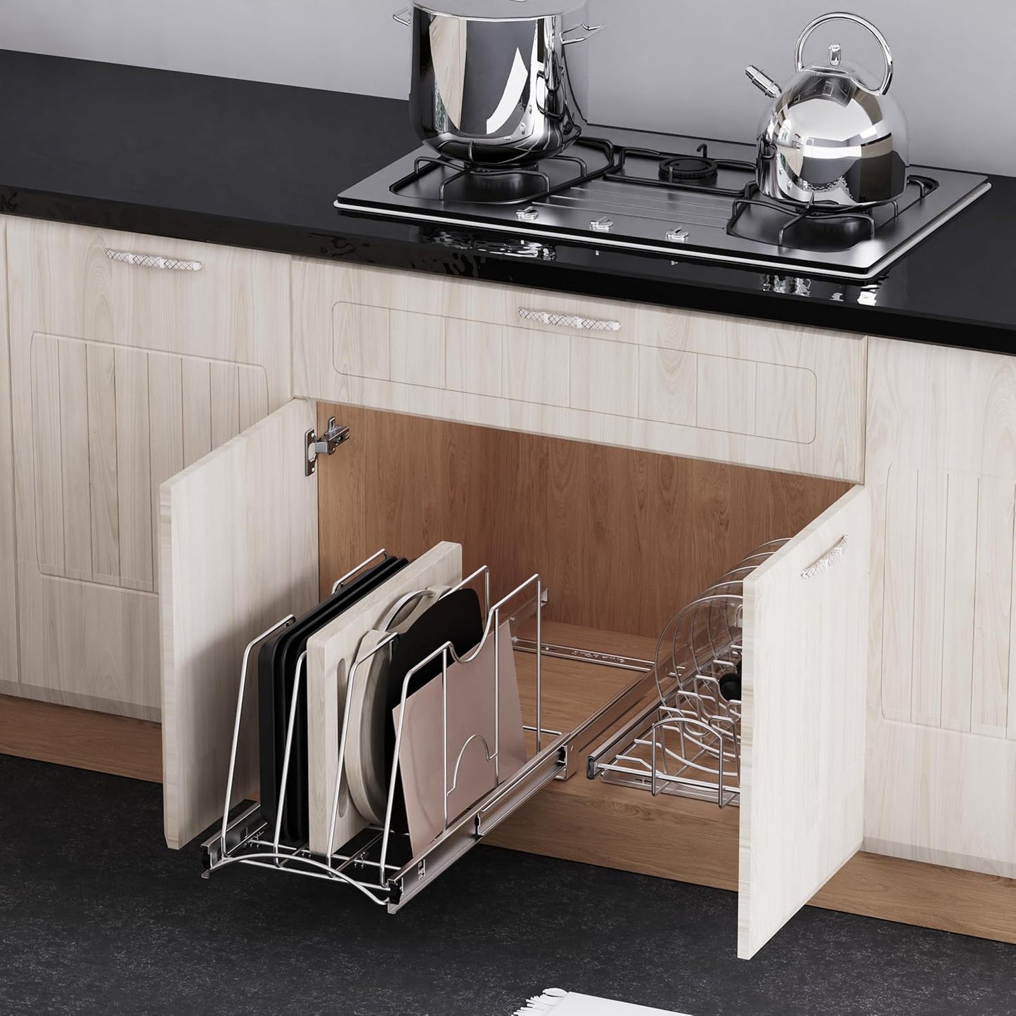 Pull Out Cookie Sheet Organizer for Cabinet, Pan and Pot Rack, Cutting Board Organizer Rack, Baking Tray Organizer for Cabinet, Adjustable Divider Width, 11" W x 22" D x 11.8" H, Chrome