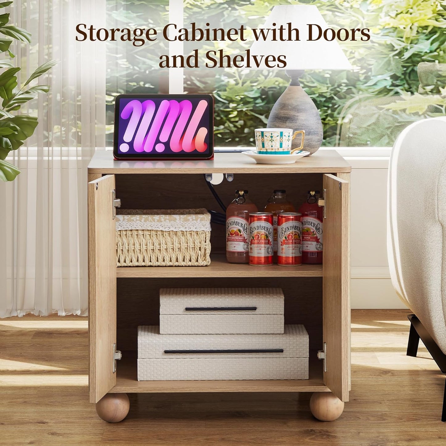 Bed Side Table with Charging Station, Mid Century Modern Nightstand with 2 Doors, Square End Table with Storage for Couch,Living Room,Small Spaces, Sofa Side Table for Office,Dorm - Natural