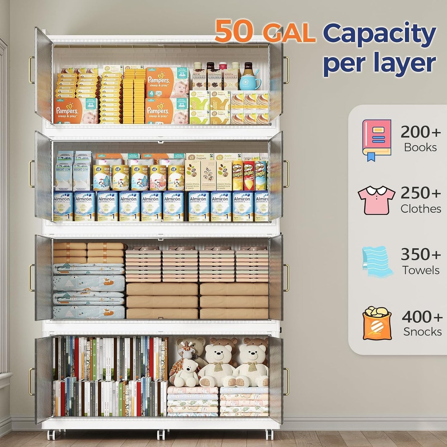 200GAL Extra Large Storage Bins with Lid, 800QT Collapsible Organizer with Wheels, Stackable Closet Cabinet with Doors, Folding Storage Containers for Home, Office, Kitchen, 4Pack White