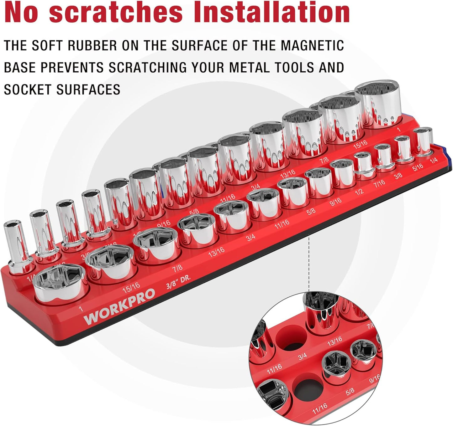 WORKPRO Magnetic Socket Organizer, 3/8-Inch SAE Socket Holder, Socket Trays Holds 26 Pieces Standard Size and Deep Size Sockets(Sockets not Included)