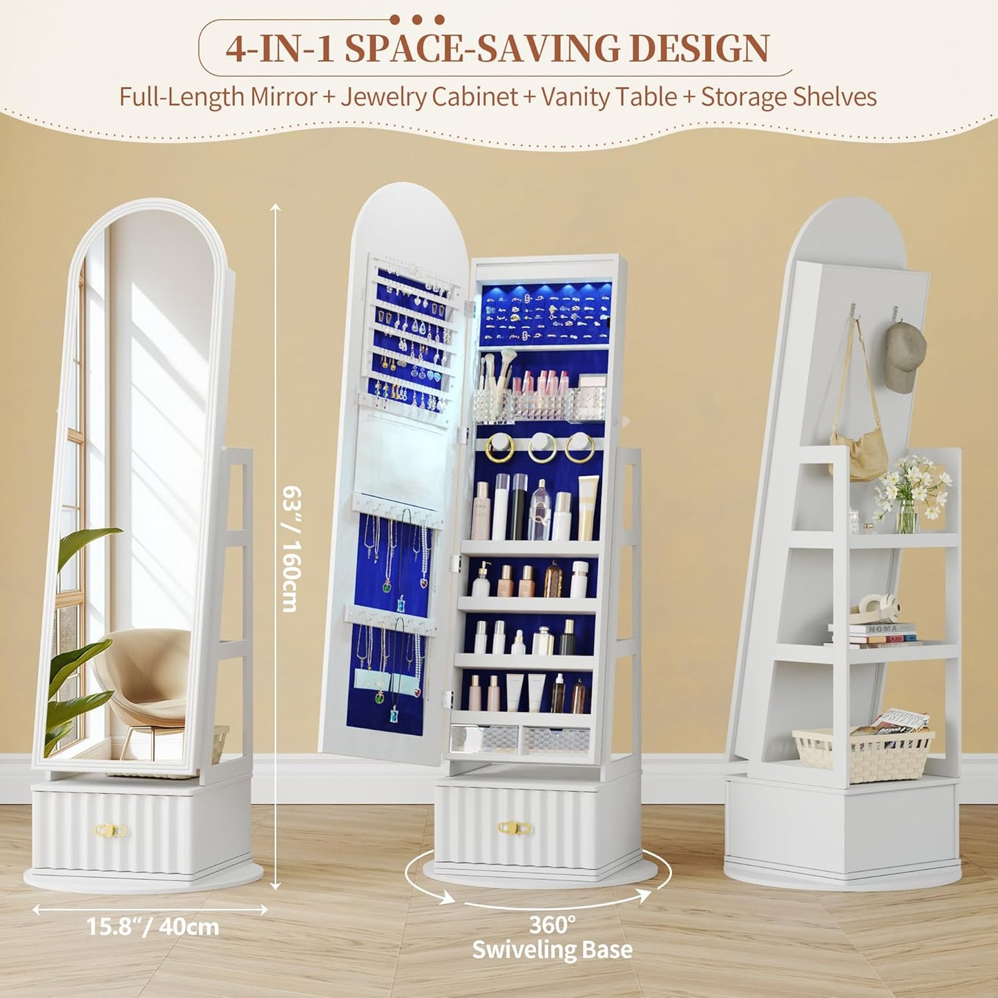 63" Full Length Mirror Jewelry Cabinet with Storage – Rotating, Lockable Jewelry Armoire with Velvet Lining, Standing Organizer for Women – Ideal Gift for Jewelry Storage & Display, White