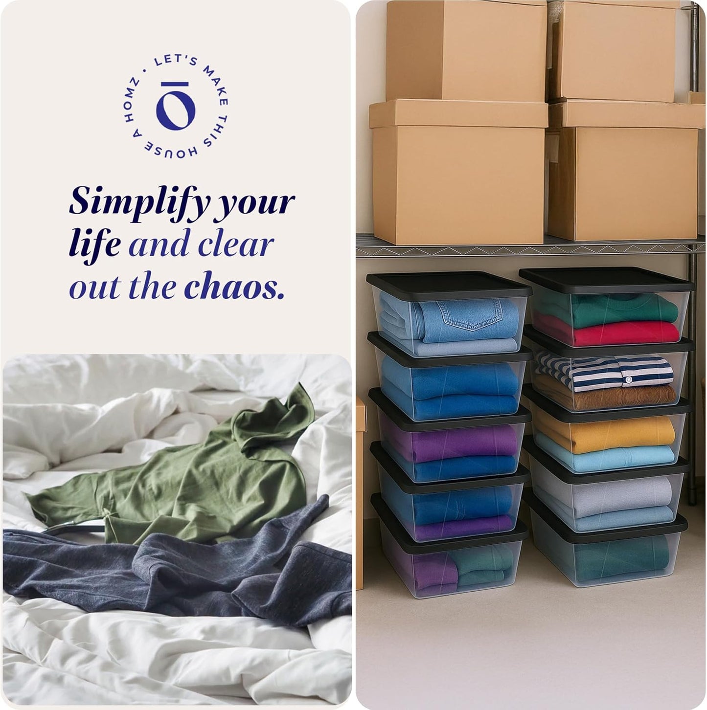 HOMZ 10-Pack Snaplock, Small Clear Plastic Storage Organizer Bins w/Lids, 6 Quart, Gray - Stackable Container Boxes for Bedroom, Bathroom, Garage, and Office Organization