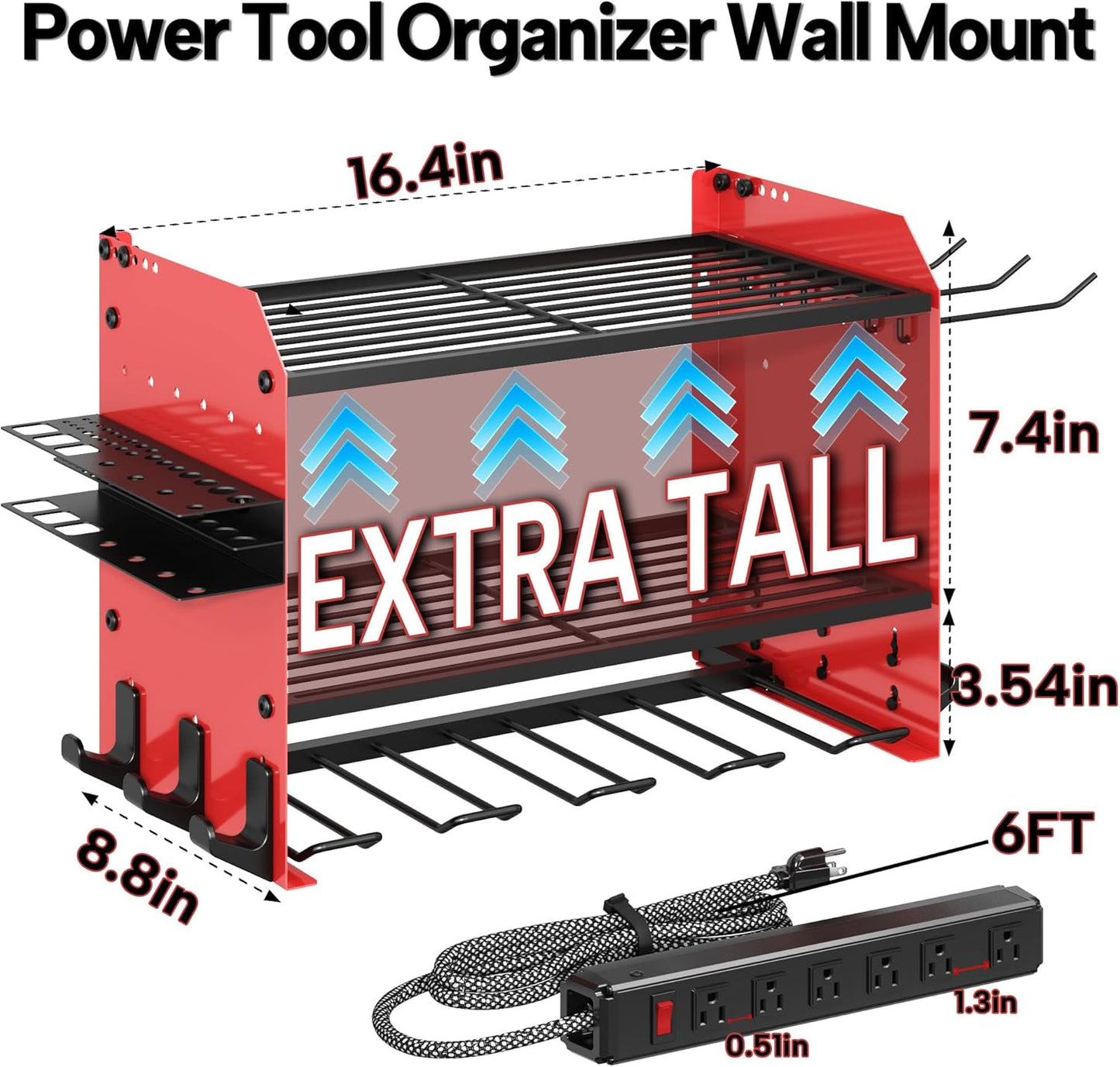 3 Layer Heavy Duty Power Tool Organizer Wall Mount with Charging Station, Adjustable Metal Storage Rack, 6 Outlets Power Strip, Drill Holders, Hooks & Drill Bit Rack for Garage, Workshop, Red