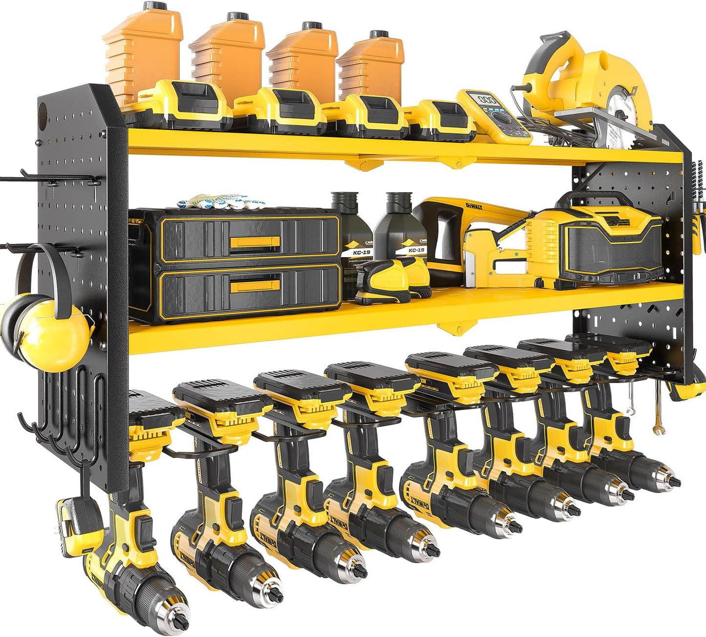 KAFAHOM Power Tool Organizer，Large 8 Drill Holder Wall Mount ，Heavy Duty Metal Tool Shelf with 12 Hooks Storage Rack for Garage Organization，Utility Cordless Drill Holder and Battery Shelves