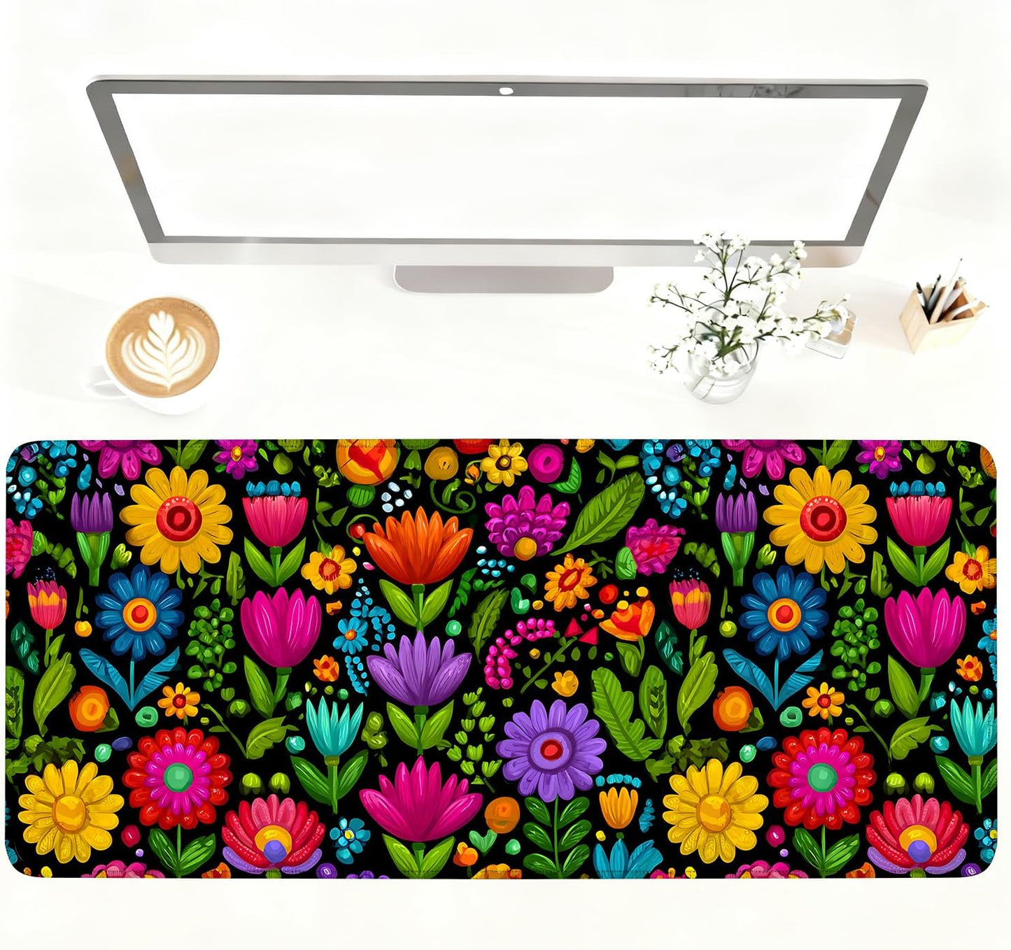 Folk Art Floral Mouse Pad – Large Extended Desk Mat 35.43 x 15.75 in – Colorful Boho Flowers on Black Background, Waterproof Surface, Non-Slip Rubber Base, Oversized Mouse & Keyboard Pad
