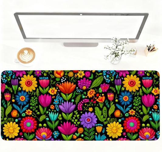Folk Art Floral Mouse Pad – Large Extended Desk Mat 35.43 x 15.75 in – Colorful Boho Flowers on Black Background, Waterproof Surface, Non-Slip Rubber Base, Oversized Mouse & Keyboard Pad