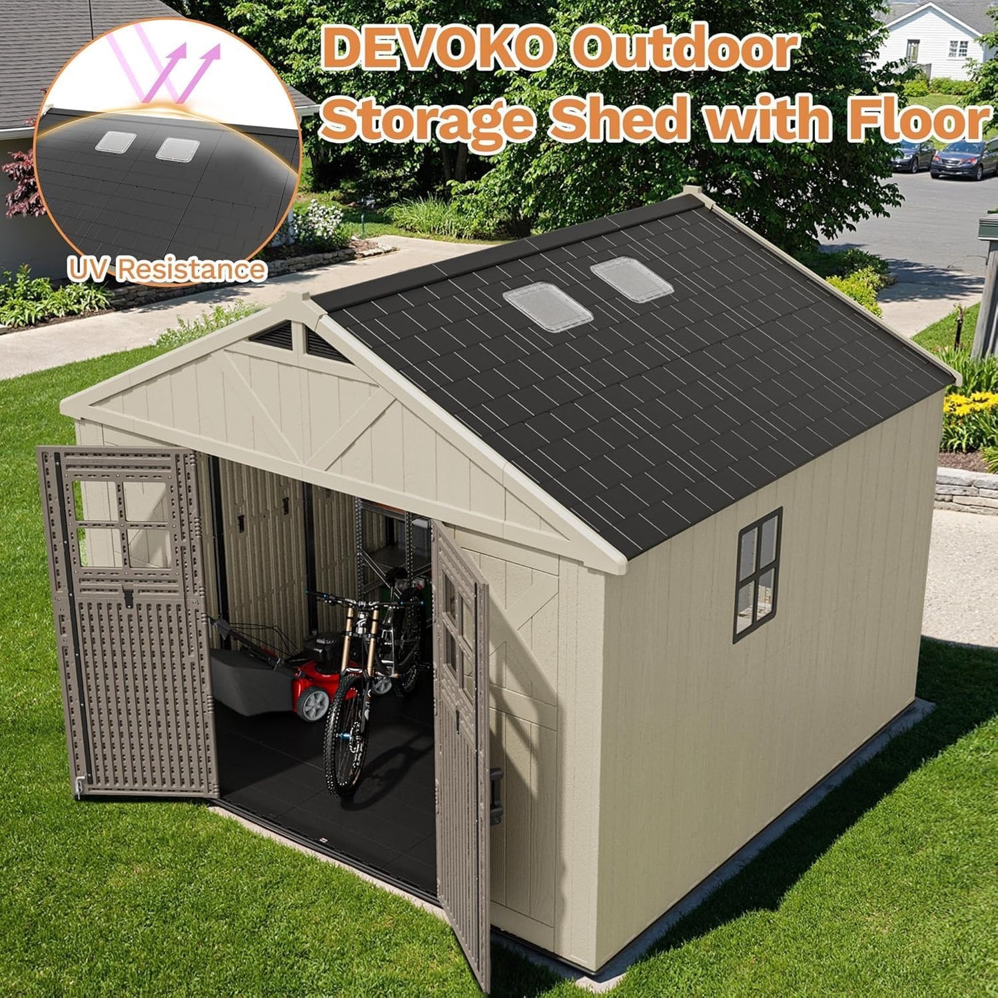 Devoko 10x14 FT Resin Outdoor Storage Shed with Floor, Plastic Tool Garden Shed with Windows & Lockable Door, Outside Large Storage Shed for Patio Backyard Lawn, Beige