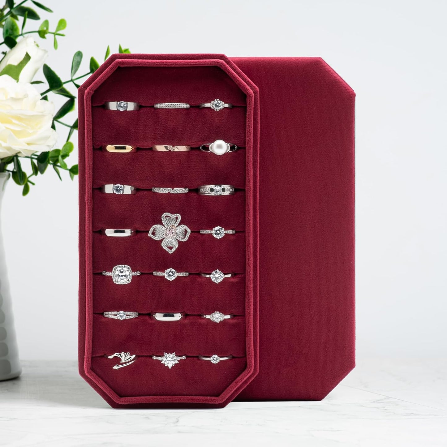 Velvet Ring Organizer Display Tray Jewelry Box Earring Holder Case for Wedding Birthday Christmas Day (Red)