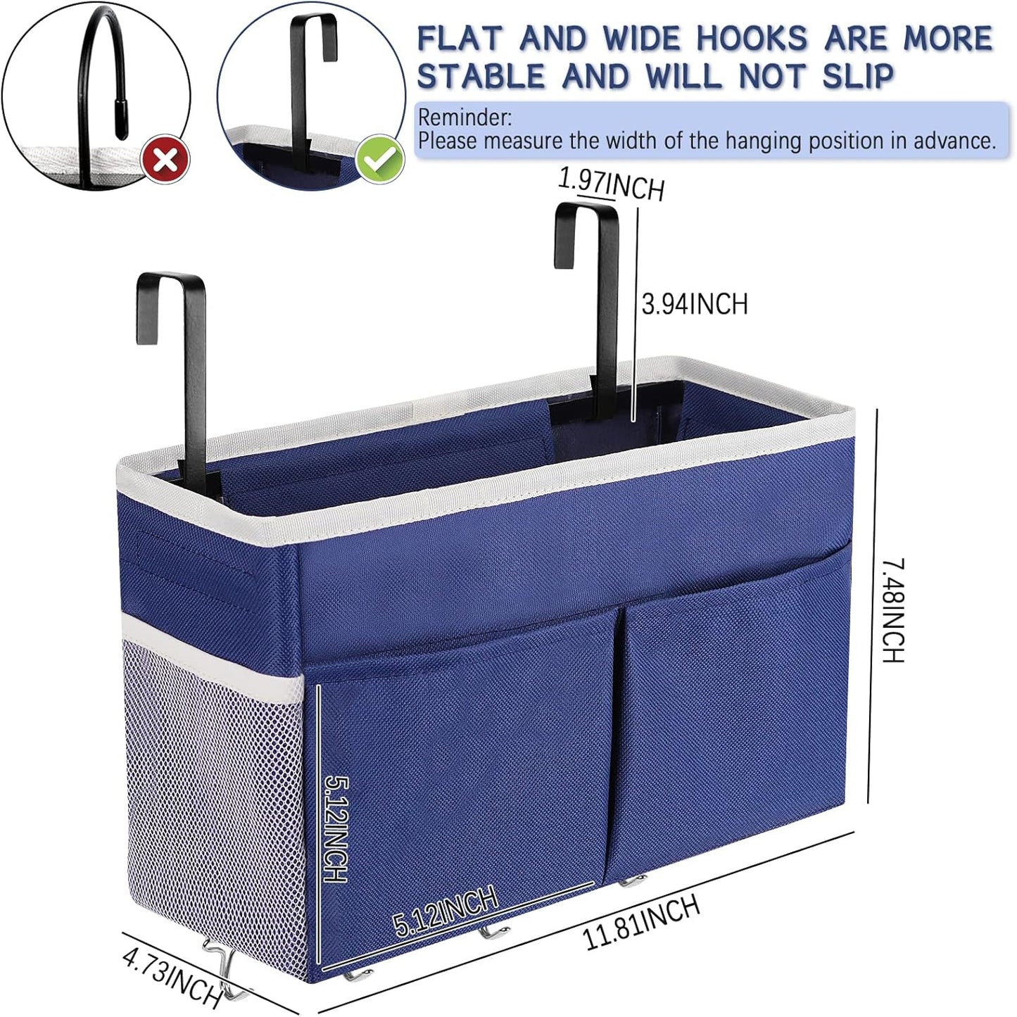 Bedside Storage Organizer 5 Pockets with 4 Hooks Hanging Storage Bag for Headboards/Bunk Bed (Dark Blue)