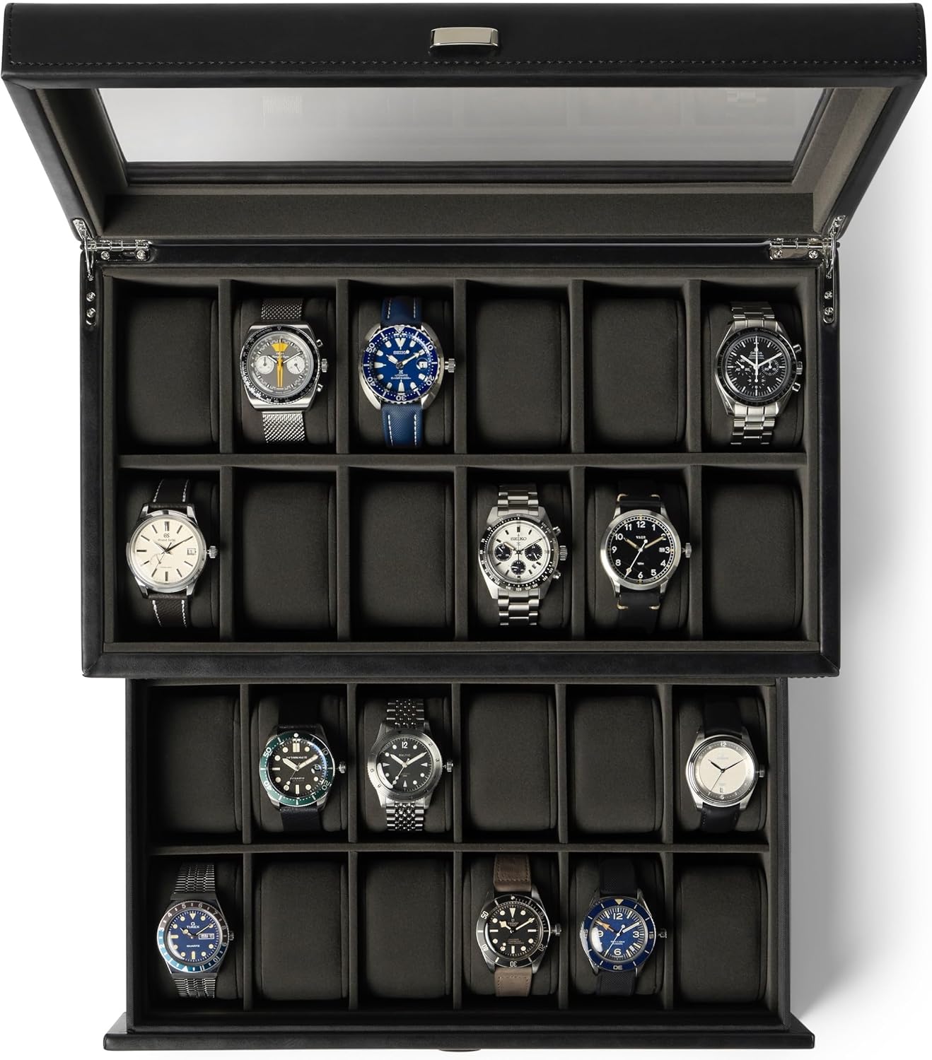 TAWBURY Watch Box for Men - Extra Large 24 Slot Watch Case with Real Glass Display, Removable Drawer and 2-inch Wide Pillows for Large Watches (Black/Charcoal)