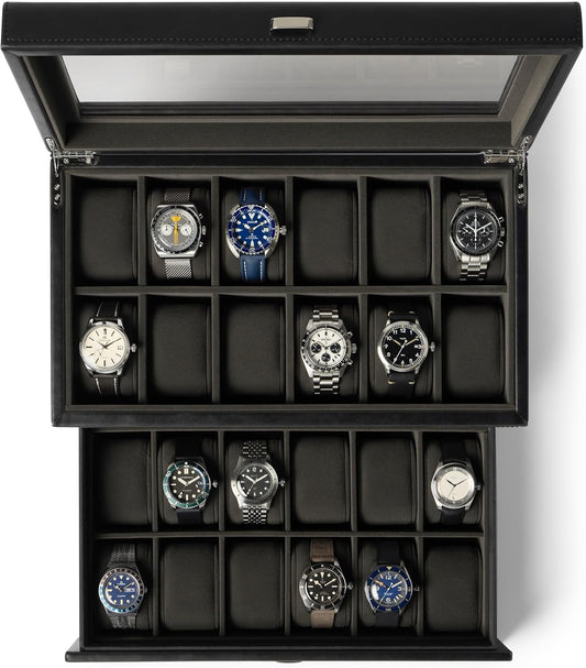 TAWBURY Watch Box for Men - Extra Large 24 Slot Watch Case with Real Glass Display, Removable Drawer and 2-inch Wide Pillows for Large Watches (Black/Charcoal)