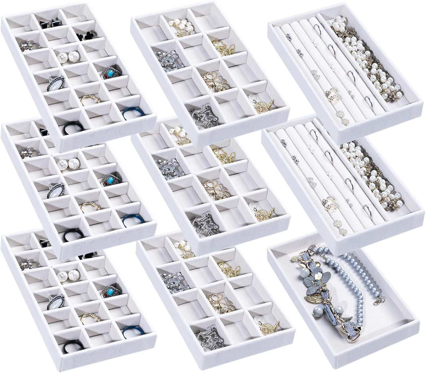 Frebeauty Jewelry Organizer Tray,Stackable Velvet Jewelry Trays,Drawer Inserts Earring Organizer For Women Jewelry Storage Display Case for Rings Stud Necklaces,8.3 x 4.9 x 1 Inches (White)