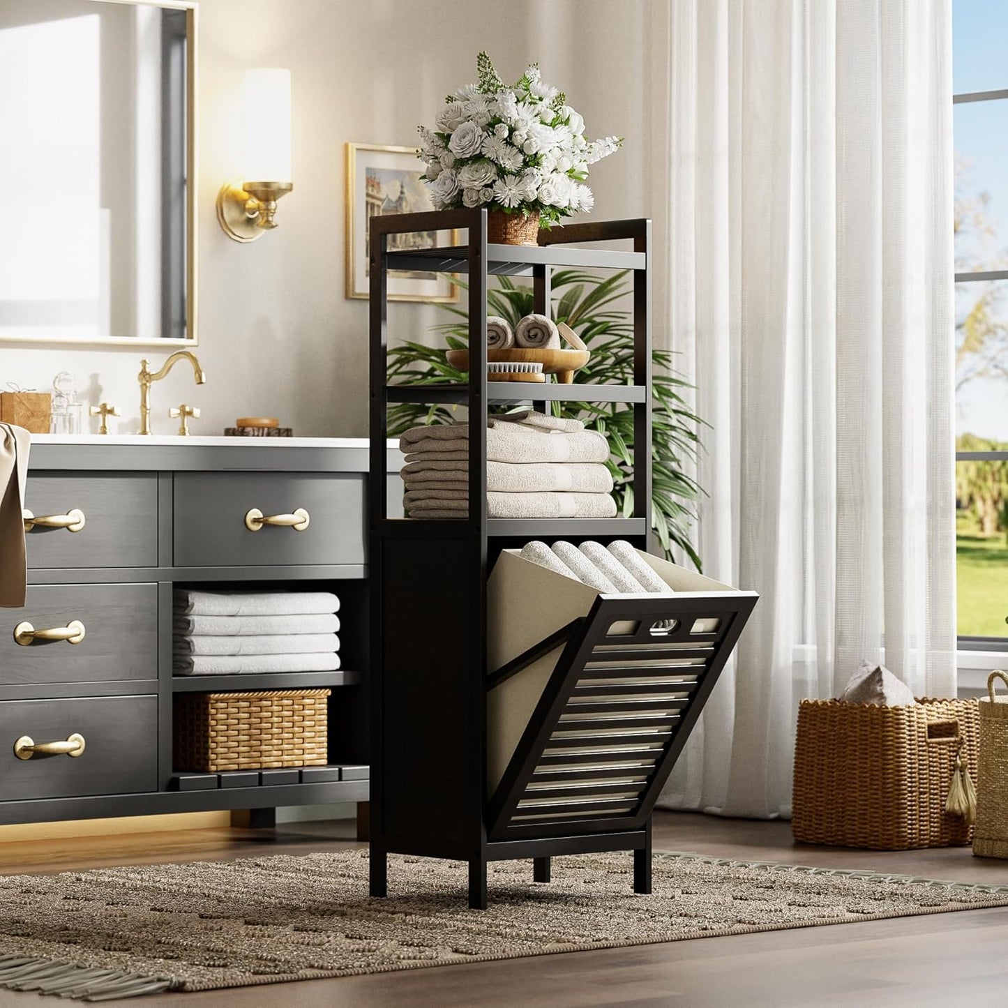HITNET Tilt Out Laundry Hamper, Bamboo Bathroom Cabinet with Pull Out Removable Bag and 3 Tier Storage Shelves, 8.5 Gallon Clothes Basket with Metal Handle, Black