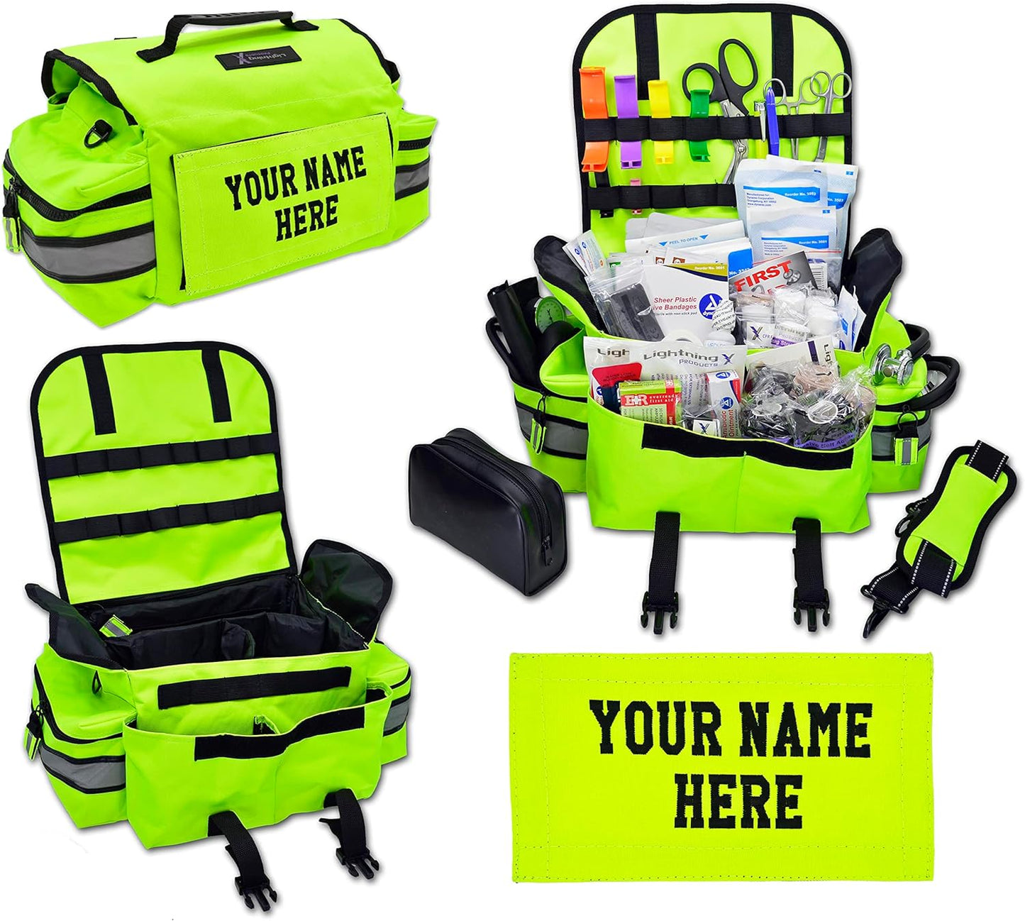 Lightning X Personalized First Responder EMT EMS Trauma Bag w/Stocked First Aid Fill Kit B & Custom Embroidered Name Patch (Fluorescent Yellow)