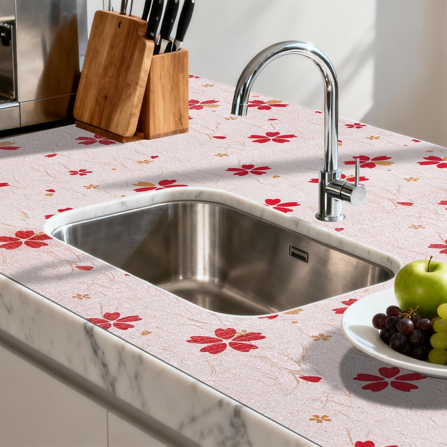 FIFTY FEET 12"x120" Non-Adhesive Shelf Liner for Kitchen Cabinets and Drawers, Washable Non-Slip PVC Cabinet Liner (Red Floral)(1 Roll)