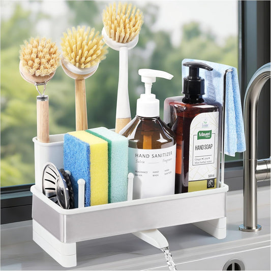 Kitchen Sink Caddy Organizer with Dish Brush Holder, Stainless Steel Sponge Holder with Dish Cloth Rack, Soap Sponge Caddy for Kitchen Countertop Sink Organizer and Storage Essentials