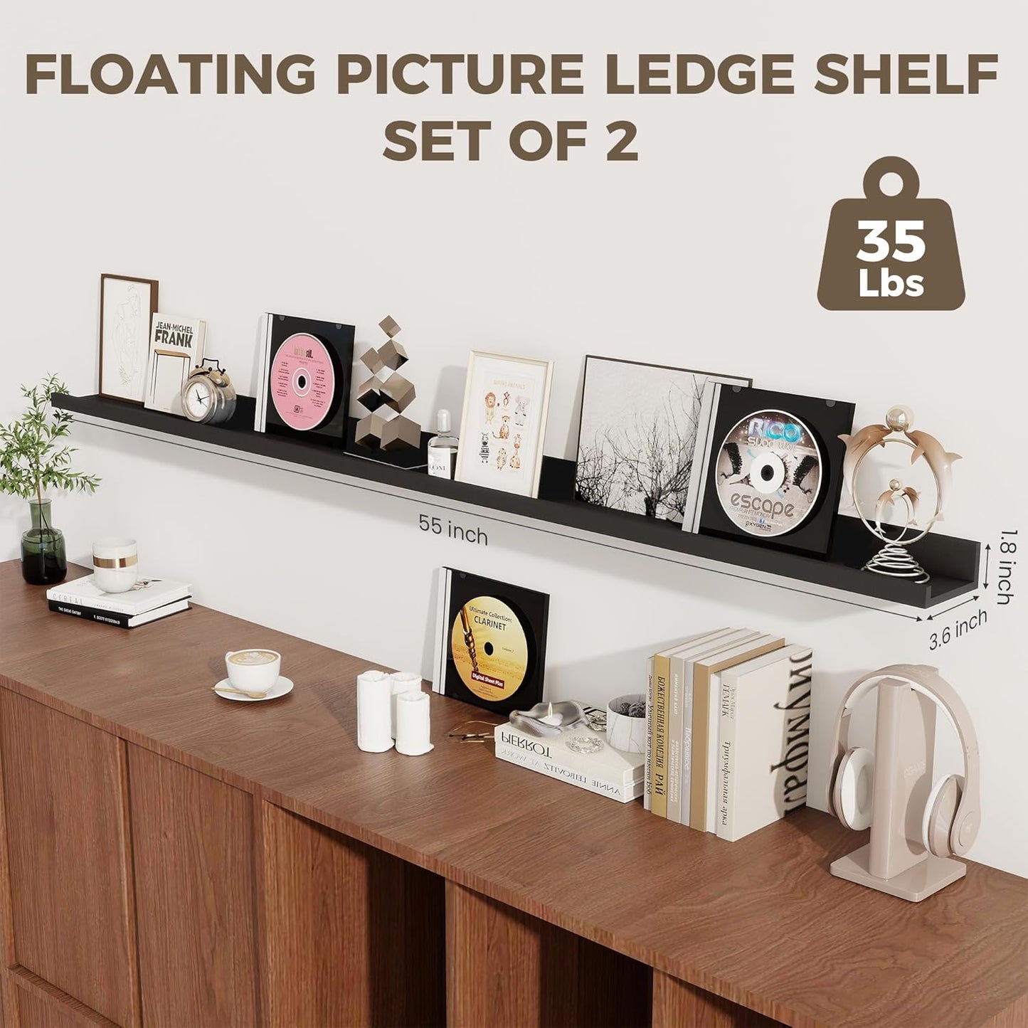 Axeman Black Floating Shelves - 55 Inch Picture Ledge Shelf Set of 2 - Black Wall Shelves with Lip - Picture Shelf for Wall with Ledge - Photo Ledges Nursery Bookshelf