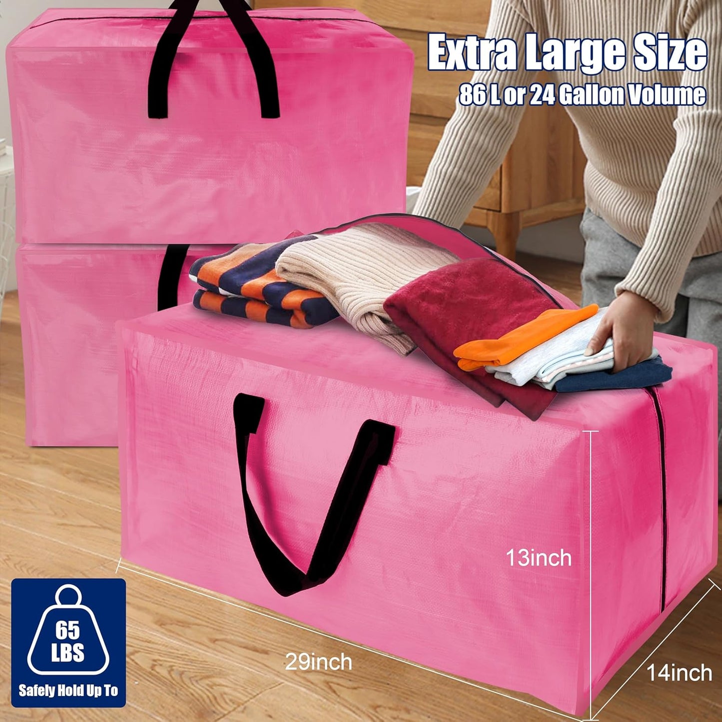 Cosy Family 12 Pack Heavy Duty Extra Large Moving Bags with Backpack Straps - Strong Handles & Zippers, Storage Totes For Space Saving, Fold Flat, Alternative to Moving Box, Pink