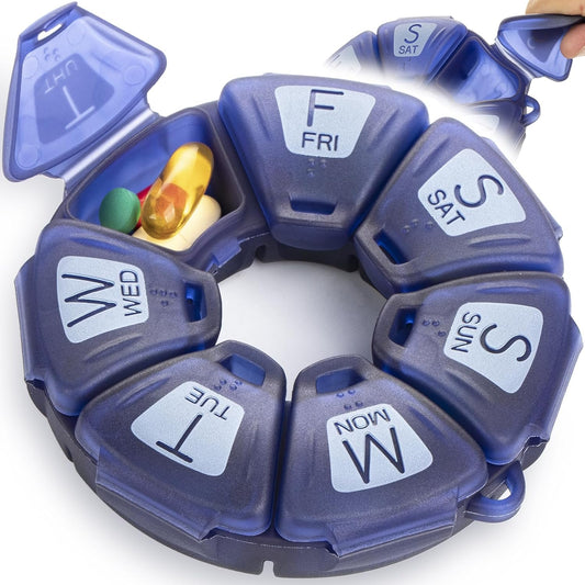 Round Weekly Pill Organizer, TPU Rubberized, Travel Pill Container 7 Day, with 7 Large Compartments, Great for Daily Vitamins & Supplements, Cute Pill Case with Large Letters and Braille (Blue)