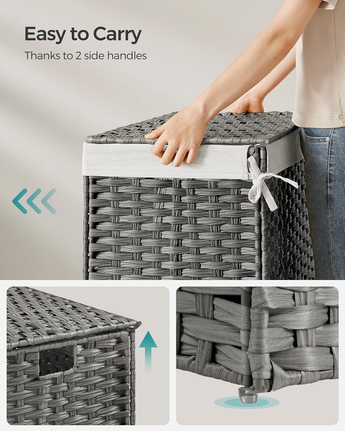 SONGMICS Storage Basket with Lid, Woven Blanket Storage Bin with Handles, Foldable, Removable Liner, Metal Frame, for Bedroom, Laundry Room, 27.7 Gallons (105 L), Gray URST066G01