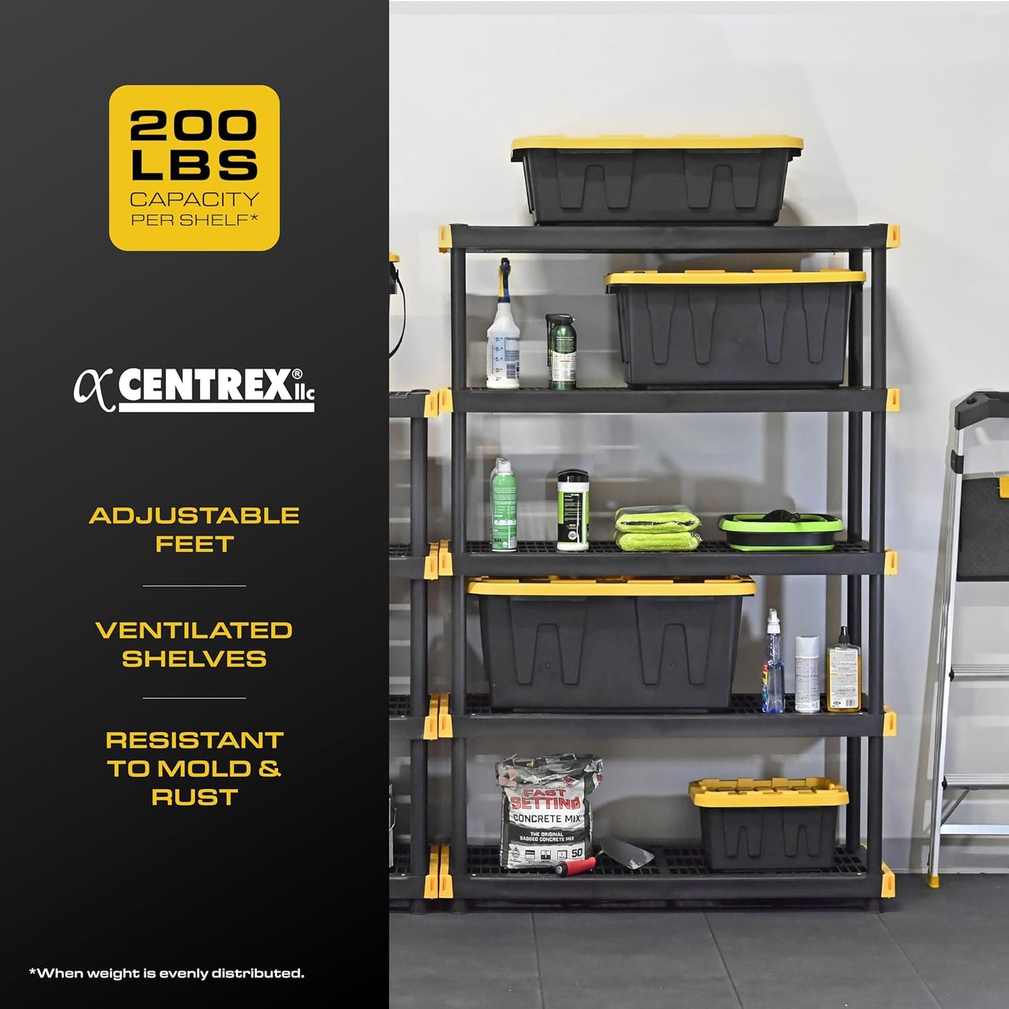 CX Black & Yellow, 5-Tier Heavy Duty Plastic Storage Shelving Unit, 200lbs/shelf (72”H x 48”W x 20”D), for Garage Storage, Warehouse & Basement Use, Modular Rack
