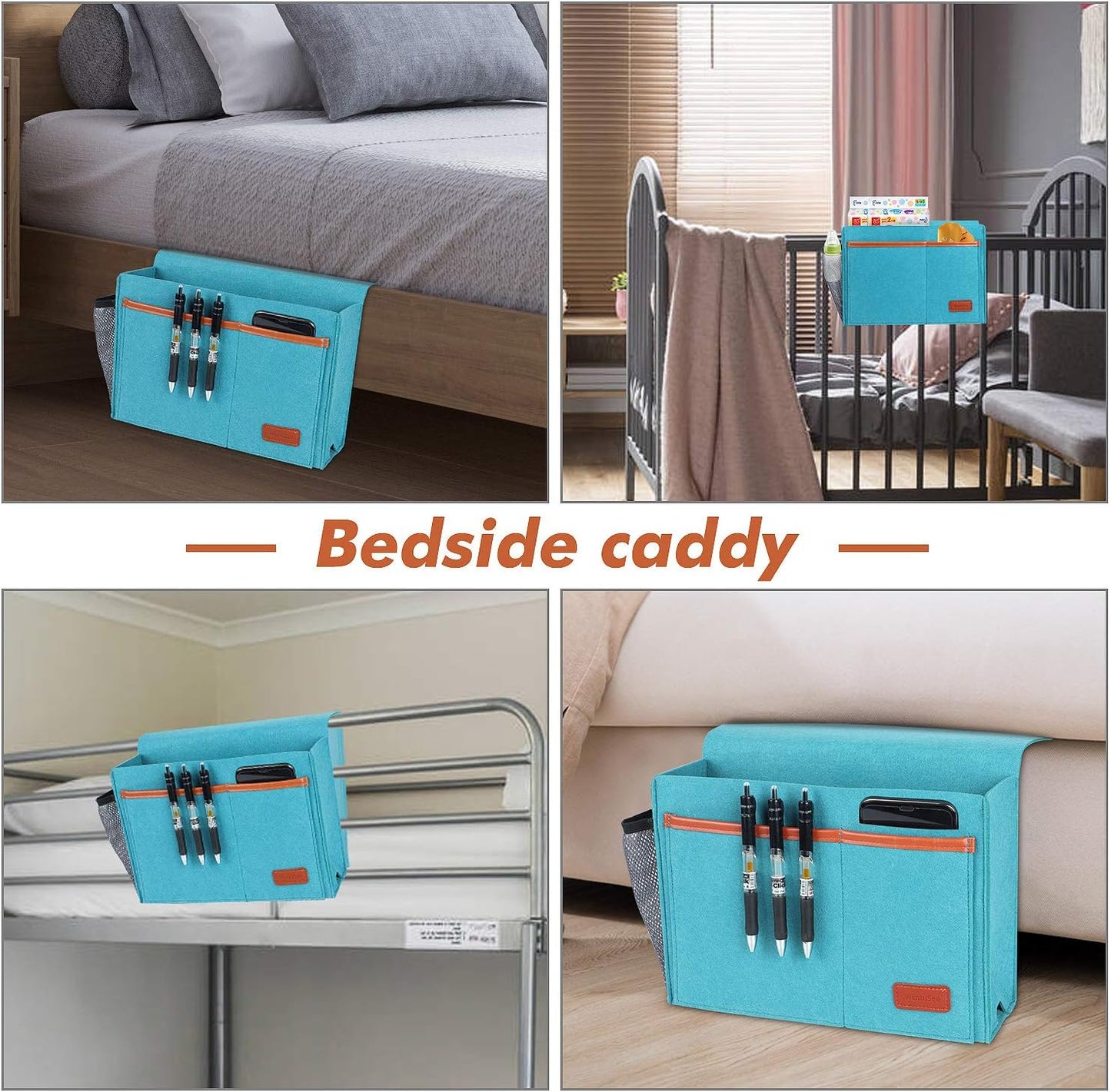 Bedside Caddy, Bed Storage Organizer for Remote Controller, Books, Magzine, Laptop Holder, 12.4'' x 8.6'' inch Bedside Hanging Felt Storage Bag for Dorm Bed with 5 Pockets, Celadon