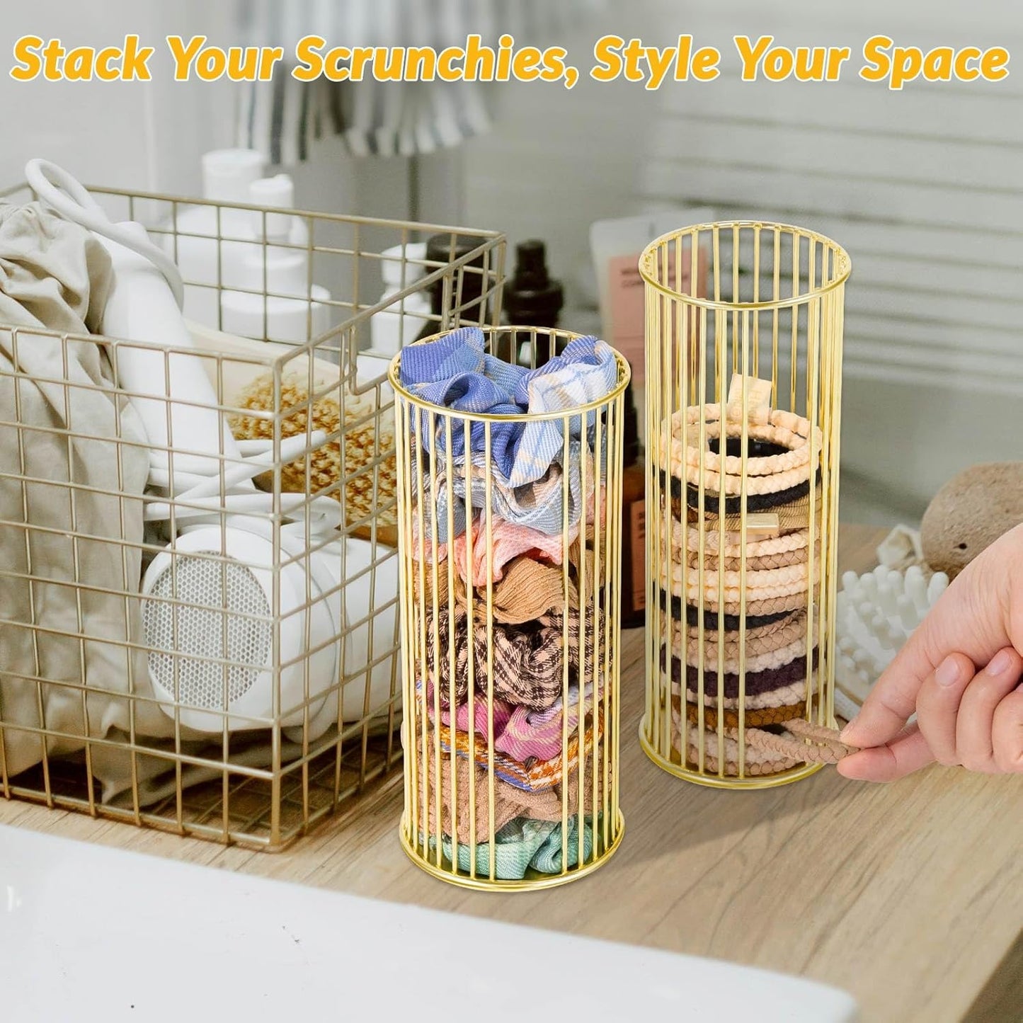 Gold Metal Hair Ties Holder Organizer – Stylish Scrunchie Stand with Side Opening for Easy Access – Countertop Hair Elastics Storage for Women & Girls, Set of 2 (Large & Small)