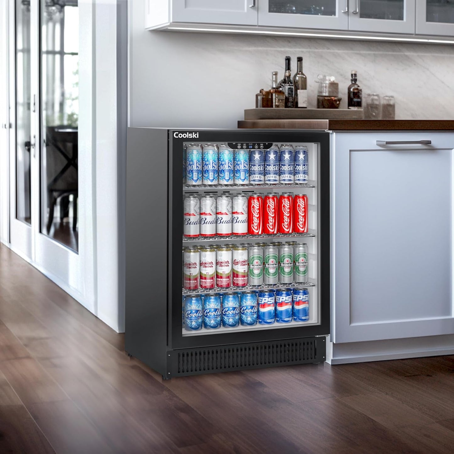 Coolski Beverage Refrigerator, 24 Inch Under Counter Beverage Fridge, 180 Cans Built-In or Freestanding Beverage Cooler with Glass Door for Home Bar Kitchen, ETL, DOE, NSF Approved