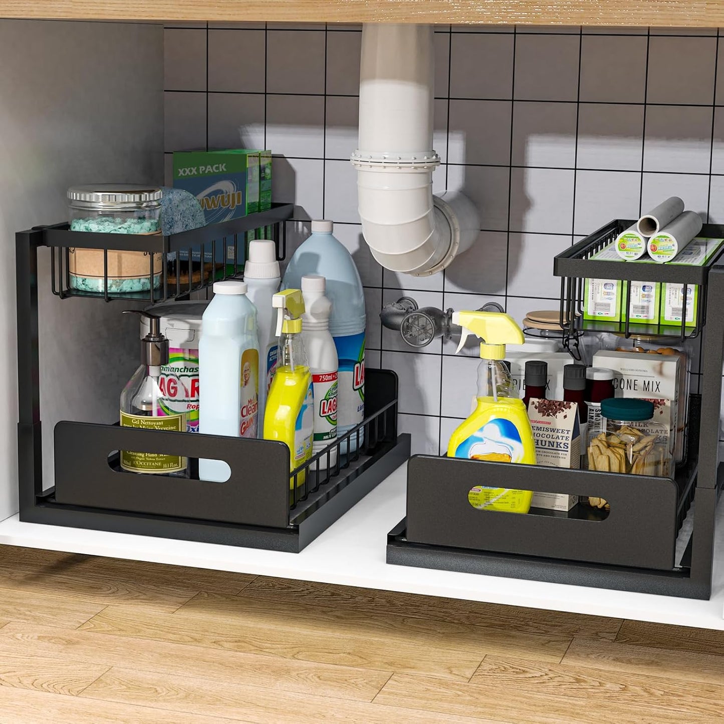 bukfen Under Sink Organizer, Pull Out Cabinet Organizer 2-Tier Slide Out Sliding Shelf Under Cabinet Storage Multi-Use for Under Kitchen Bathroom Sink Organizers and Storage ，2 Pack