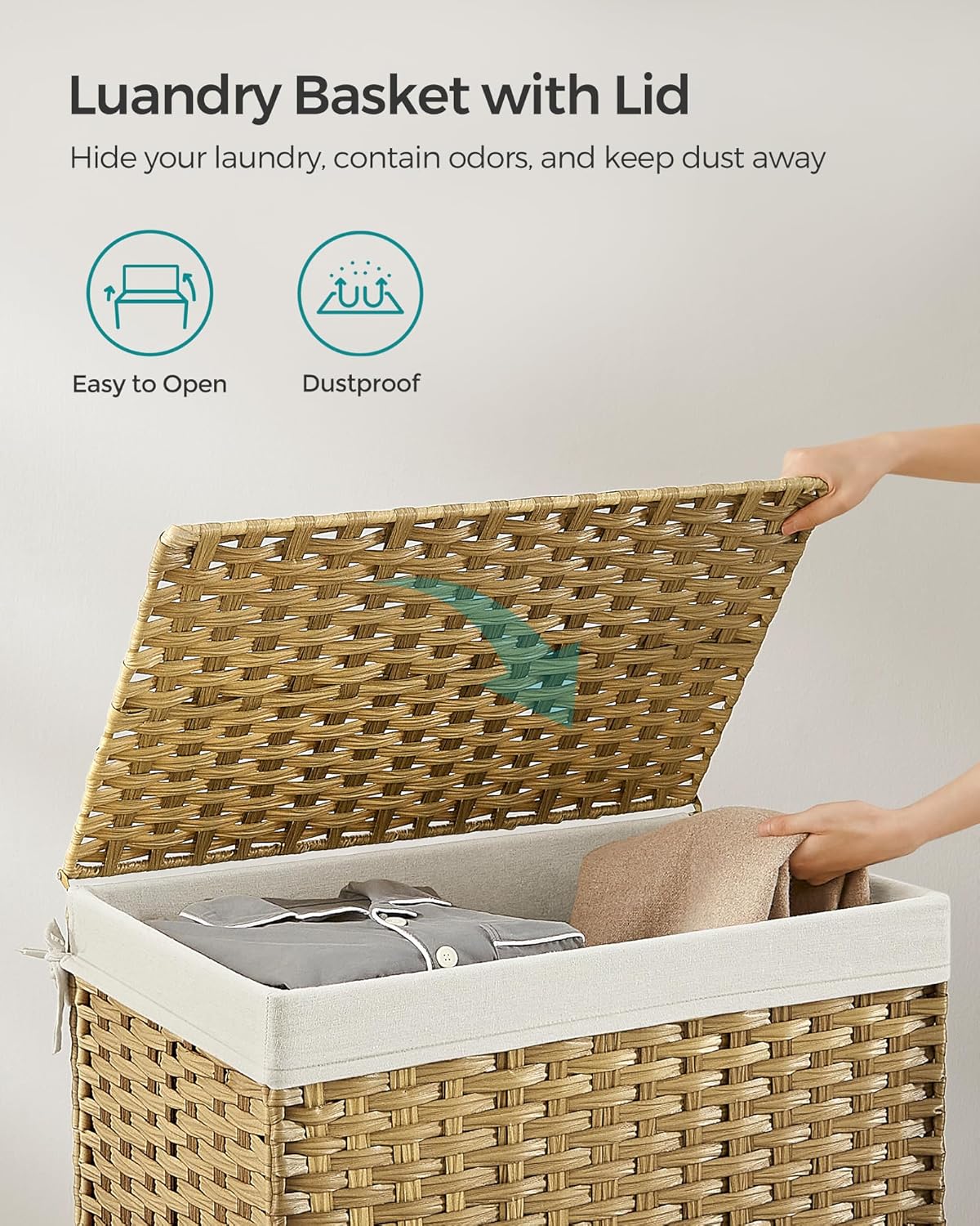 SONGMICS Storage Basket with Lid, Woven Blanket Storage Bin with Handles, Foldable, Removable Liner, Metal Frame, for Bedroom, Laundry Room, 27.7 Gallons (105 L), Natural URST066N01