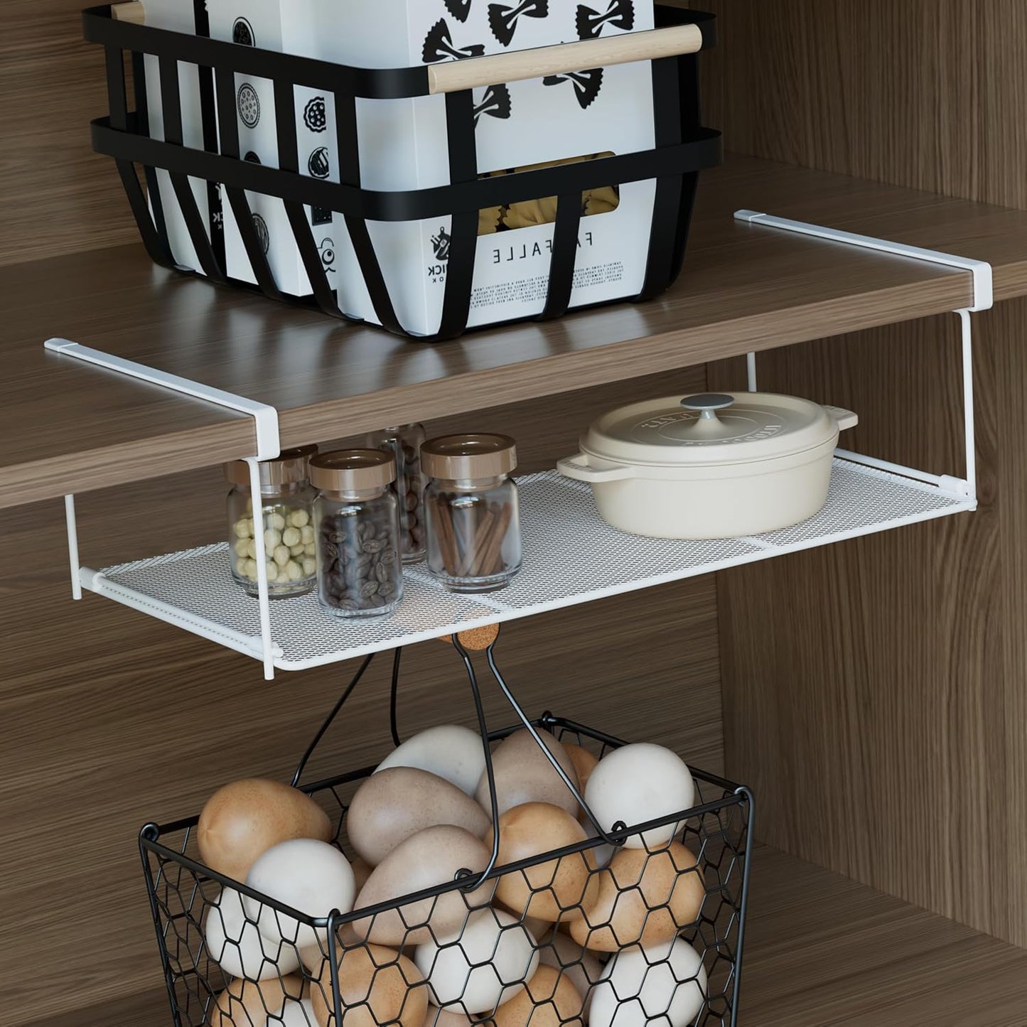 Foldable Metal Under Cabinet Organizer,Multi-Functional Hanging Storage Rack for Aluminum Foil,Plastic Wrap,Kitchen Wipes,Space-Saving,Tool-Free Install,Rust-Resistant,Ideal for Kitchen (White)