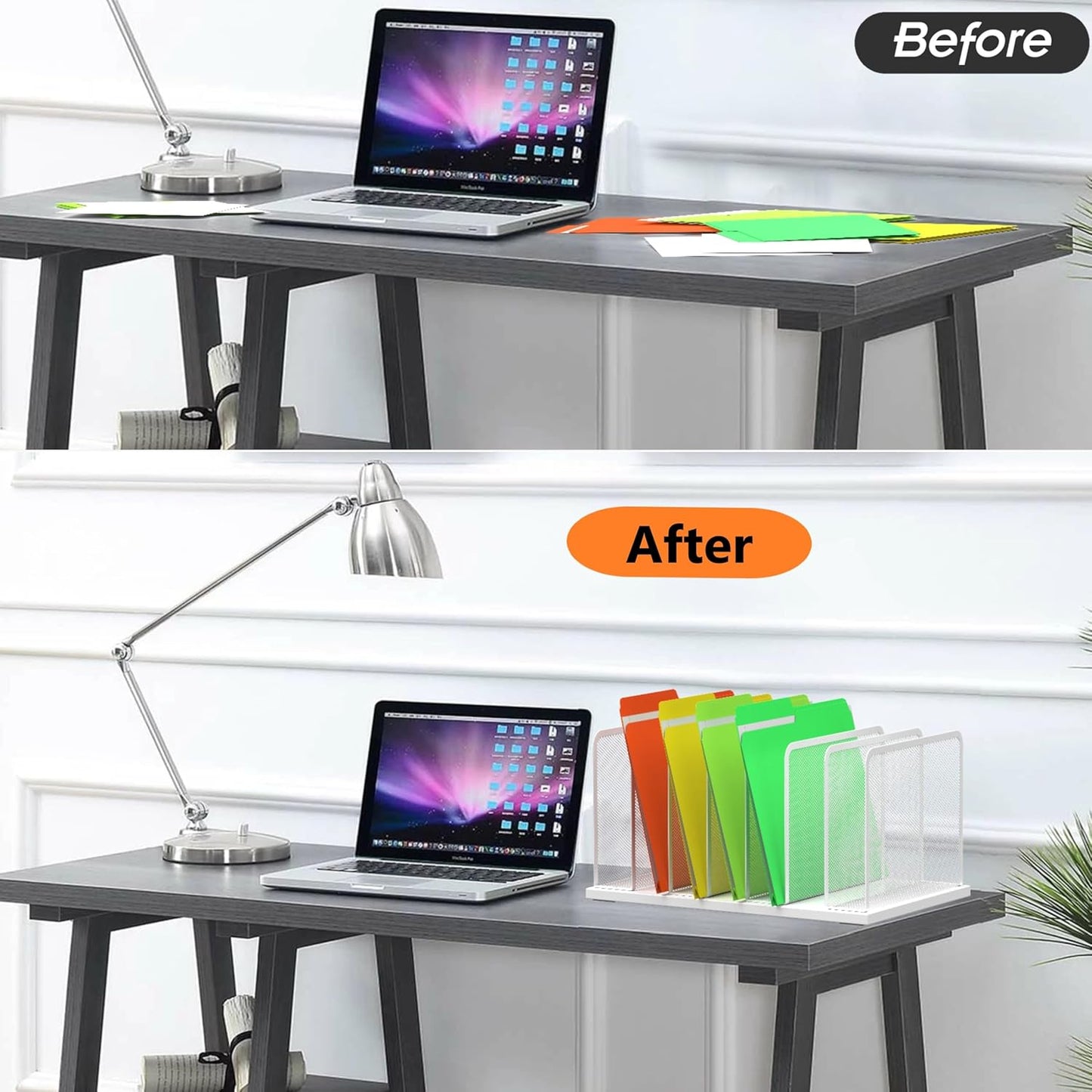 Kuntine.B Desk File Organizer Upright Mesh Desktop Organizer File Sorter Office Organization File Holder for Home, Office & Classroom (White, 2 Pack 7-Section)