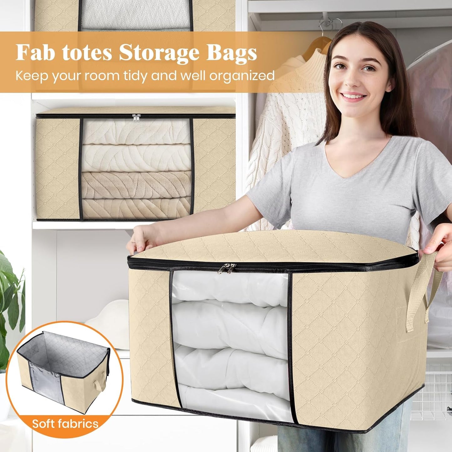 Fab totes 10 Pack Clothes Storage, Foldable Thick Fabric Blanket Storage Bags, Containers for Organizing Bedroom, Closet, Clothing, Comforter, Organization with Handle,Beige