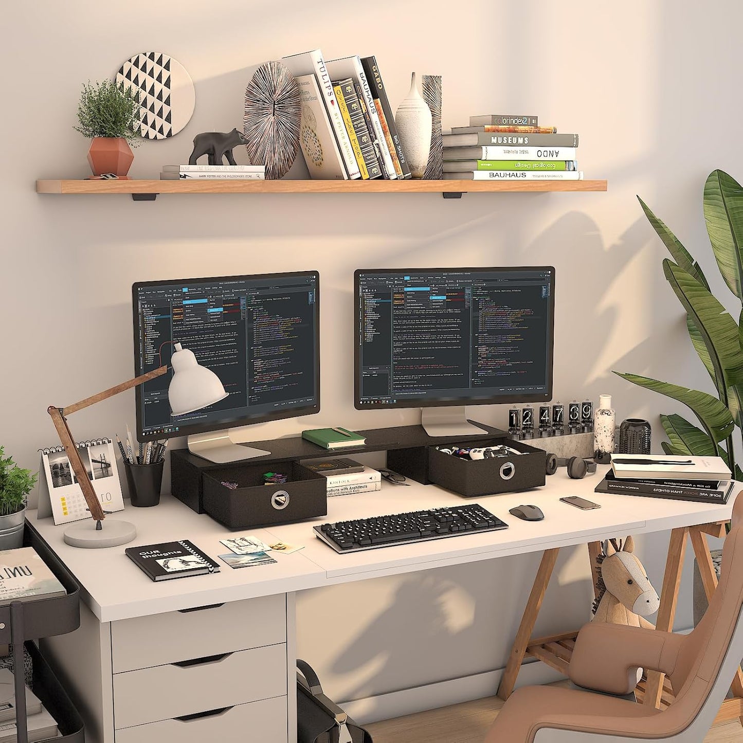WESTREE Dual Monitor Stand Riser with Two Drawers, Extra Large Storage Monitor Stand for 2 Monitors, Desktop Oraganizer Stand for Computer,Laptop,Screen,Printer,TV