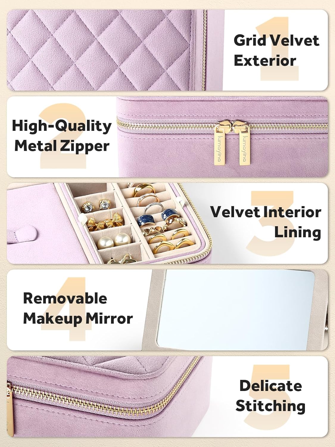 Velvet Travel Jewelry Box with Large Mirror, Double-Layer Jewelry Organizer Case for Women and Girls, Portable Storage Case with 6 Anti-Tarnish Bags Gift Ready for Her (Lavender)