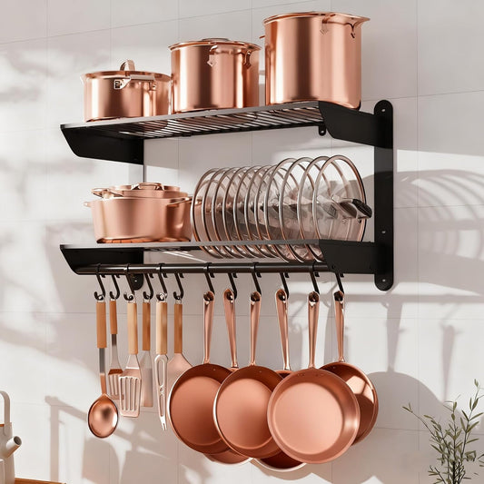 YIGII 30 Inch Pot Rack Wall Mounted, 2-Tier Pots and Pans Organizer with 12 Anti-Drop Hooks, Heavy Duty Kitchen Wall Shelf for Cookware, Lids, Utensils, Black