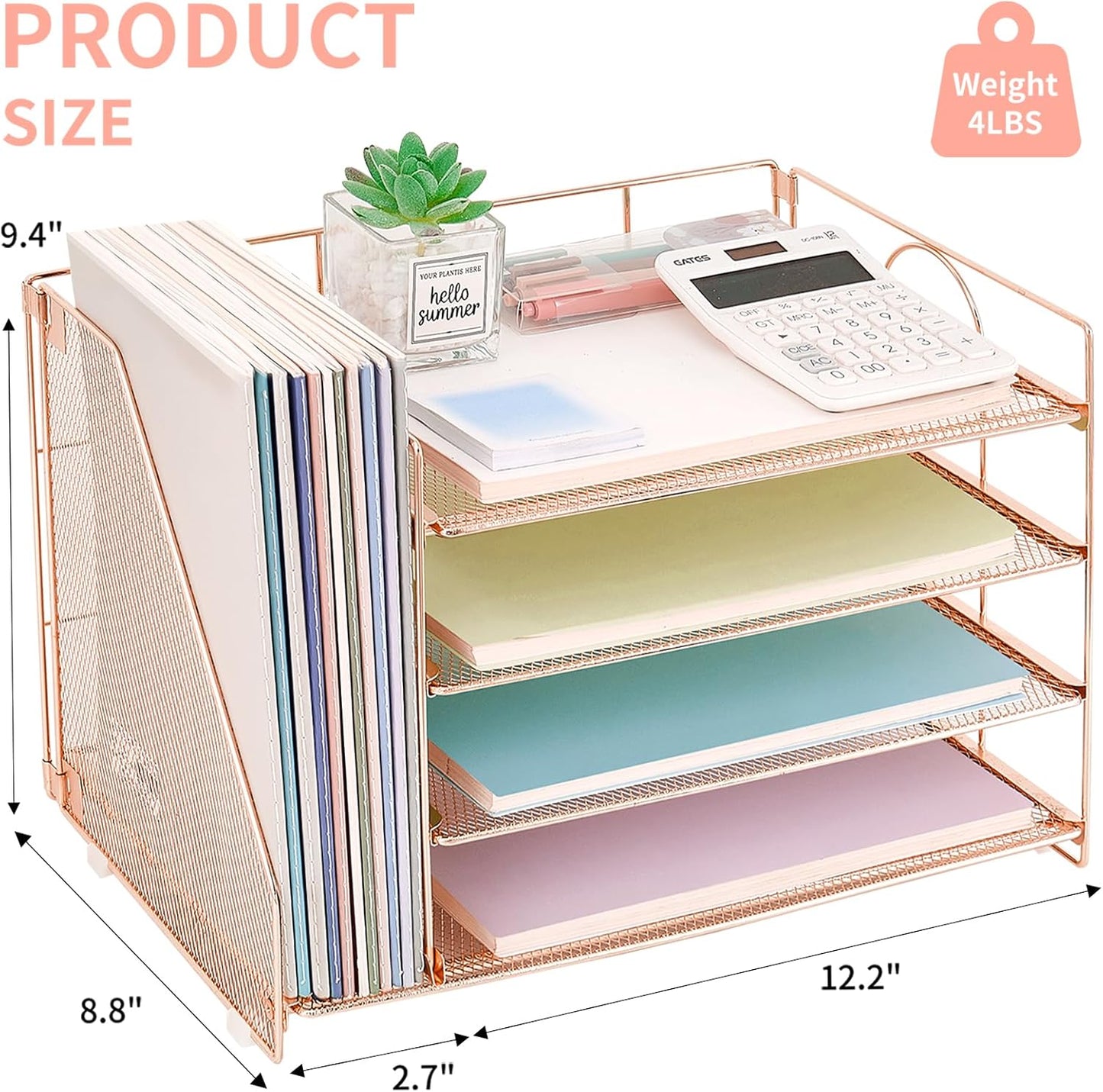 OPNICE 4-Tier Paper Organizer with Magazine Holder, Desk Organizers and Accessories, Office Desk Accessories & Workspace Organizers, Desktop File Organizer for Office Supplies Storage, Rose Gold
