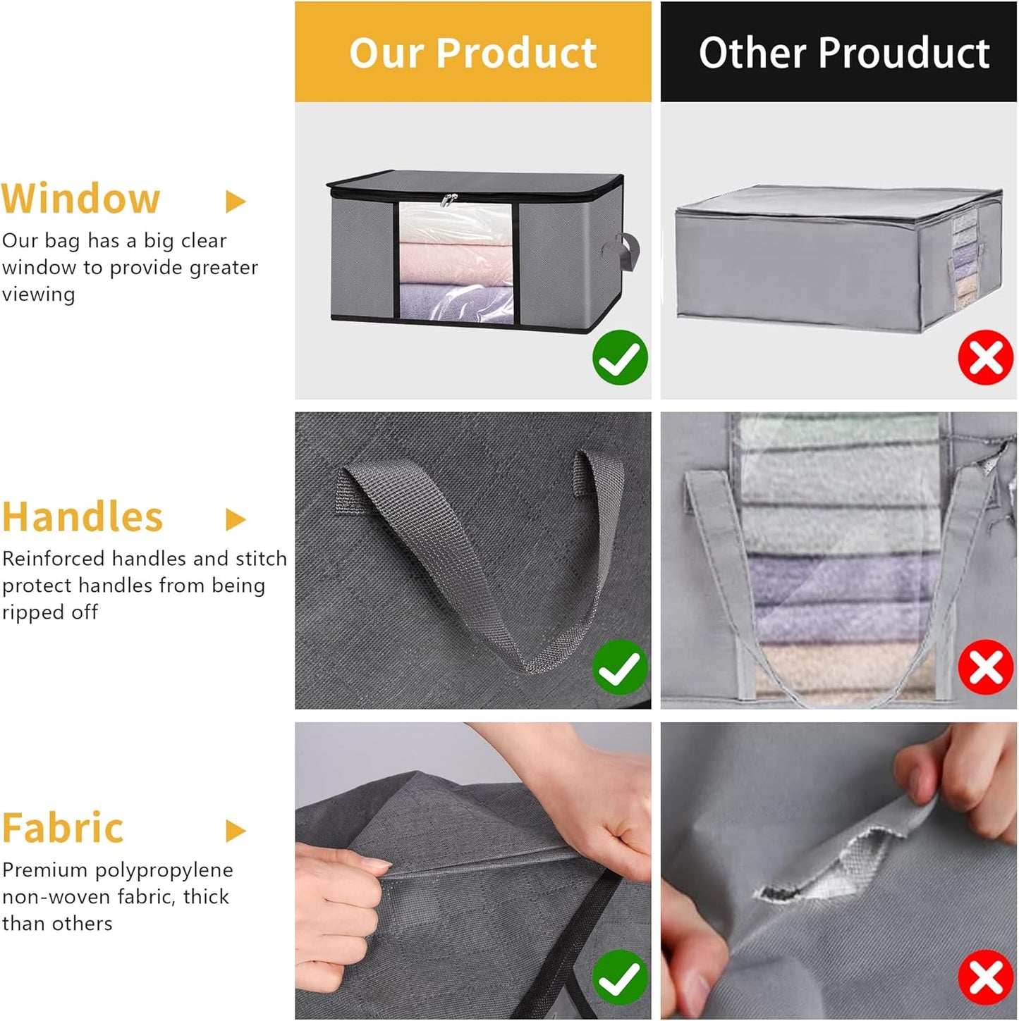 3 Pack Clothes Storage Bags with Zipper, 45L Foldable Blanket Storage Box with Clear Window Sturdy Handles for Closet, Dorm, Pillows, Bedding, Sheet, Comforter, Gray