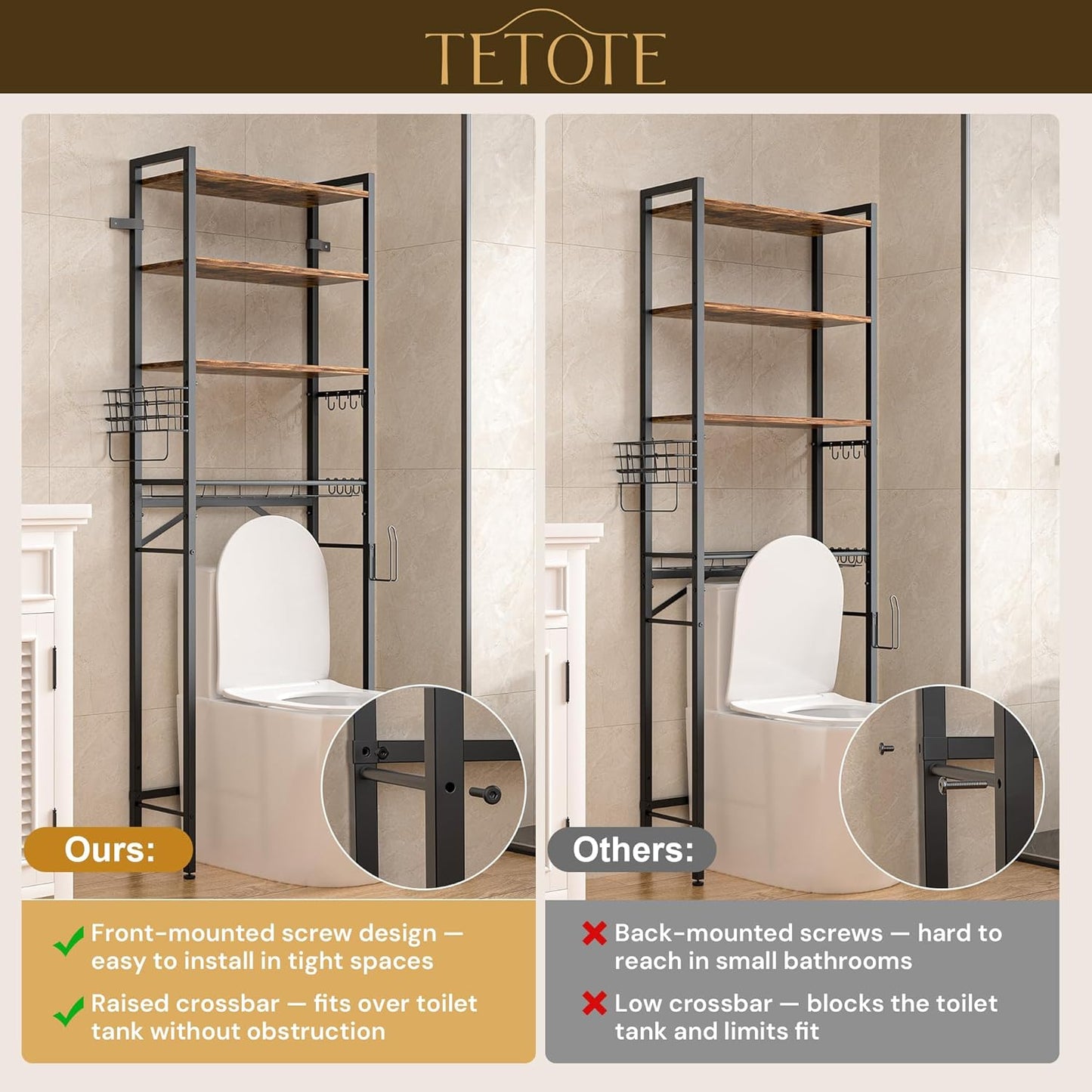 TETOTE Over Toilet Bathroom Organizer, 4-Tier Bathroom Over The Toilet Storage with Adjustable Shelf and Basket, Freestanding Space Saver Bathroom Shelves Above Toilet for Room(Brown)