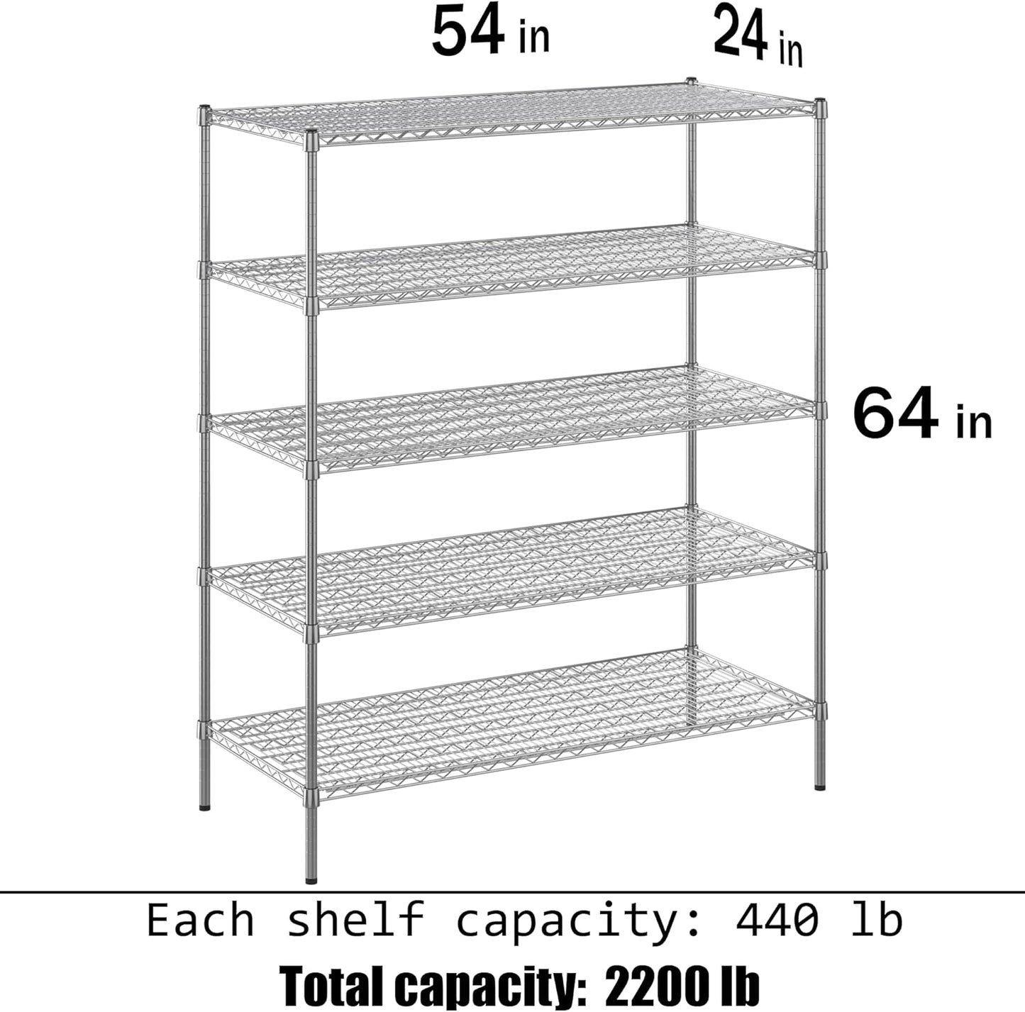 24" Deep x 54" Wide x 64" Height Wire Shelving Kit | 5-Tier | NSF Commercial Storage Rack Unit