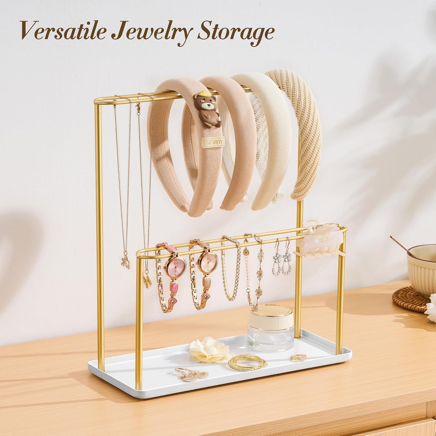 pickpiff Headband Holder Organizer Metal 2-Tier with Tray: Hair Accessories Display Stand Storage, Purse Charms Key Rings Rack Necklace Stand Home Bedroom for Girls Women, Gold