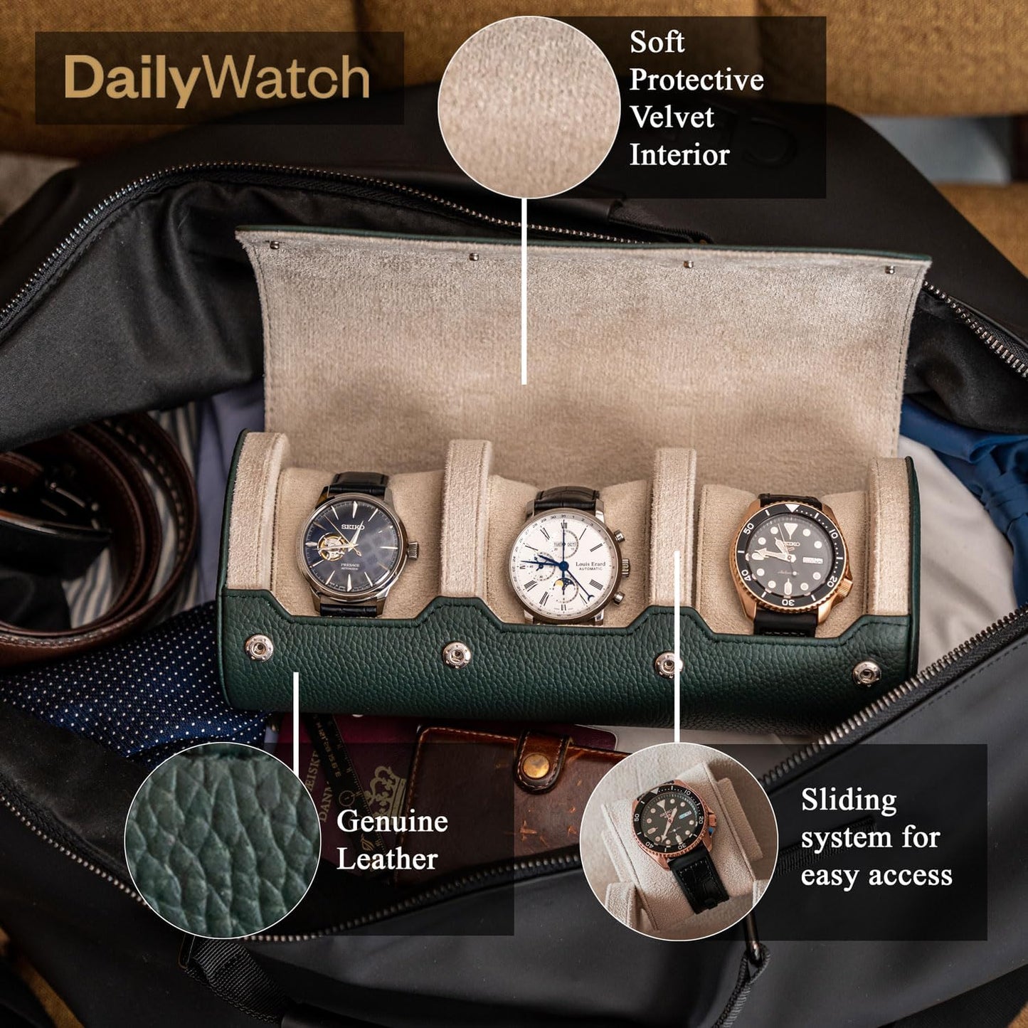 DailyWatch | Watch Roll Travel Case For 2 Watch | Luxury Watch Case In Genuine Leather With Soft Velvet Interior | Watch Case Protect, Store, & Display Your Watches | Dark Green Litchi
