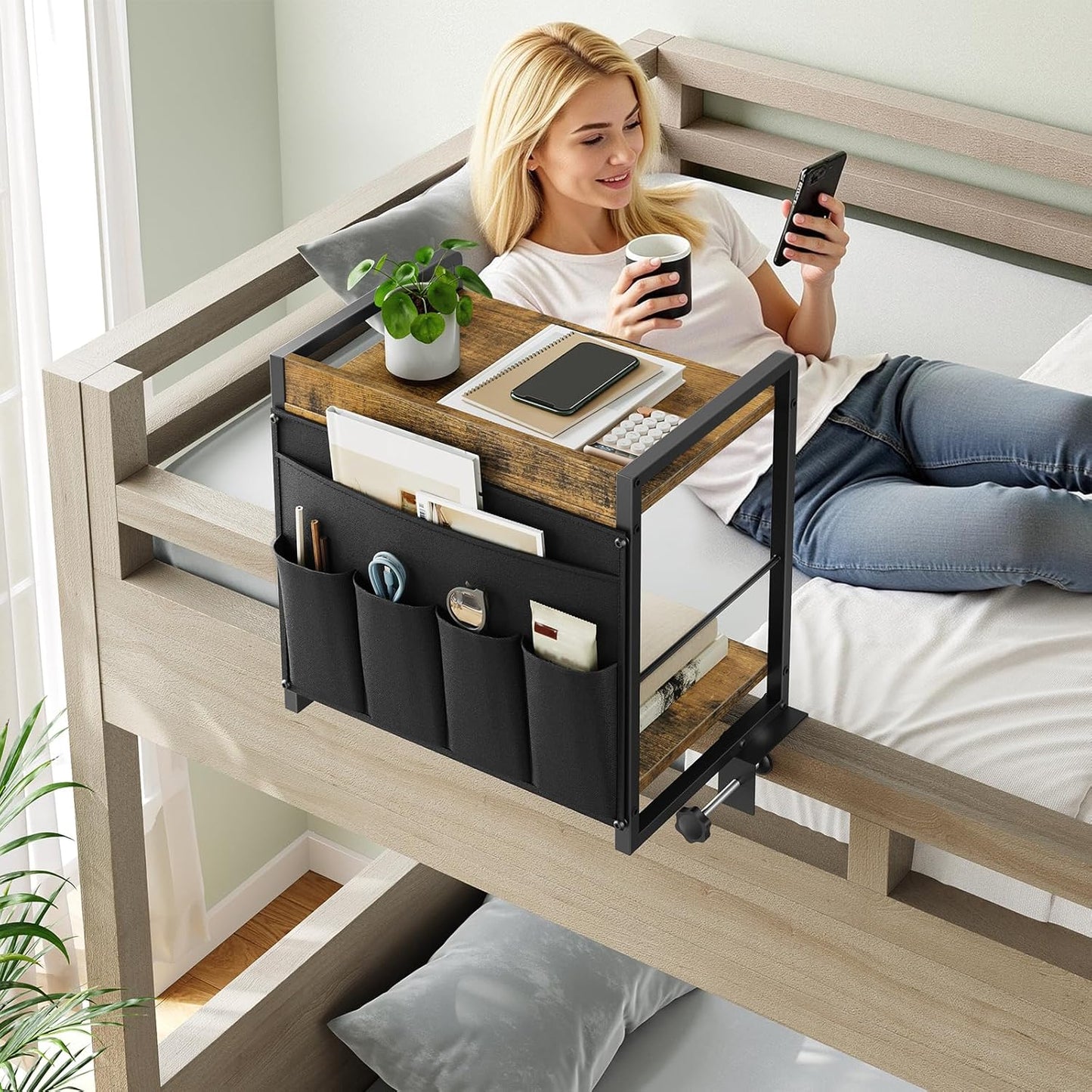 2-Tier Bedside Shelf, Bed Tray Shelf with Fabric Pockets Storage, Clip-on Loft & Bunk Bed Shelf for College, Nightstand for Sofa, Bedroom, Apartment, Rustic Brown and Black ET20BR