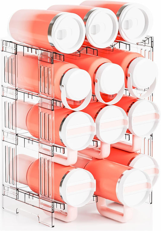 Yieach Stackable Water Bottle Organizer for Cabinet Yeti or Stanley Storage Organizers - Larger Compartment for 40 oz Stanley Cup Holder and Other Tumbler Organizers,Waterbottle Rack for Pantry,4 Tier